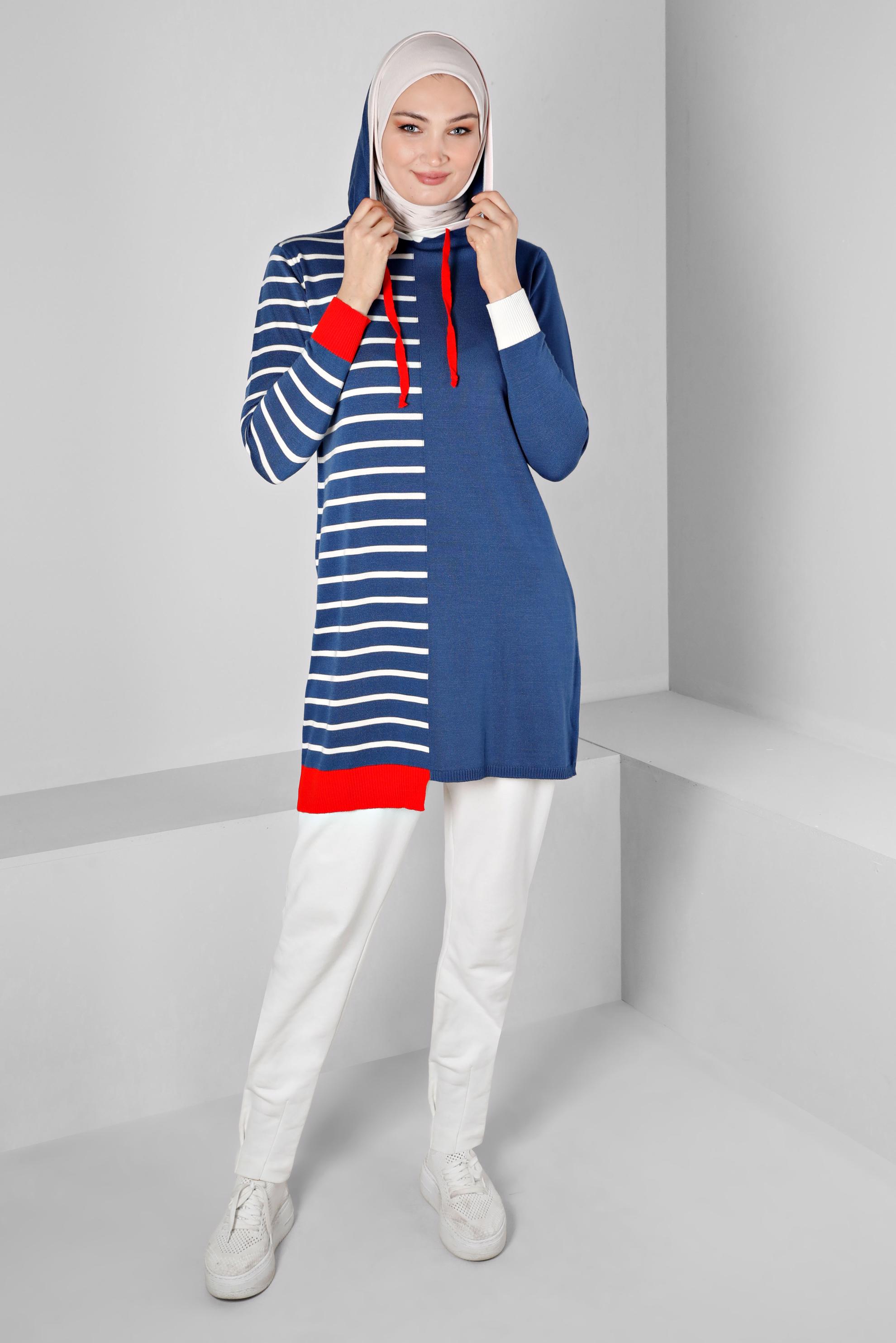 Vêtements hijab BLEU MARINE TUNIQUE EN MAILLE À CAPUCHE À RAYURES 43179