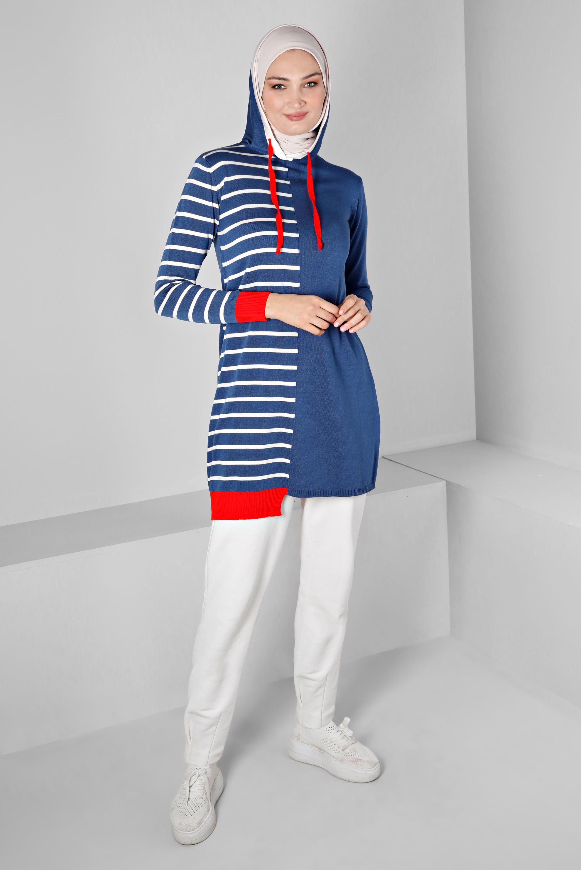 Vêtements hijab BLEU MARINE TUNIQUE EN MAILLE À CAPUCHE À RAYURES 43179