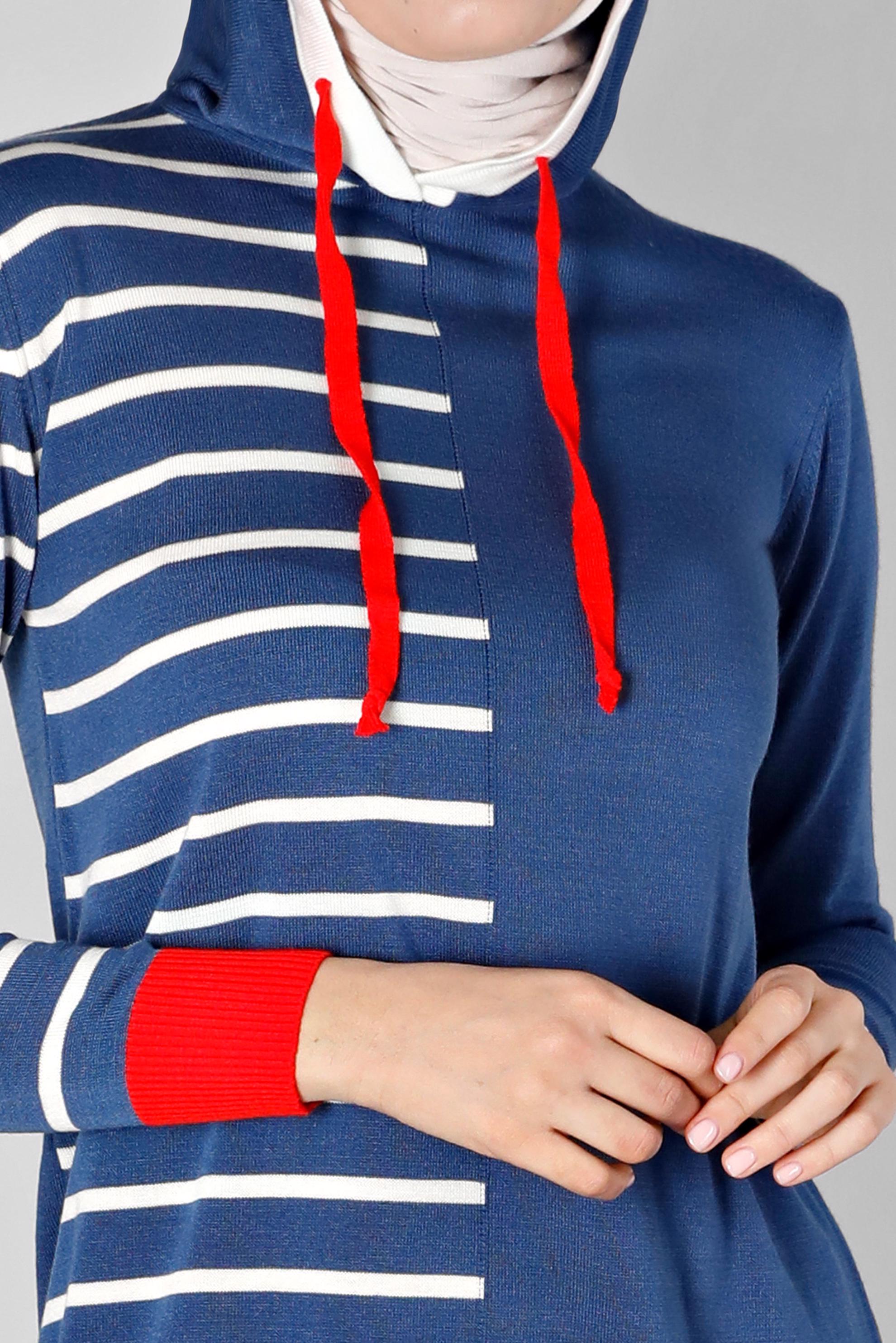 Vêtements hijab BLEU MARINE TUNIQUE EN MAILLE À CAPUCHE À RAYURES 43179