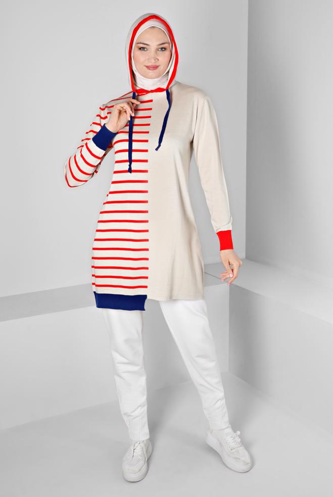 Tesettür giyim BEJ ÇİZGİLİ KAPÜŞONLU TRİKO TUNİK 43179  - ALVİNA