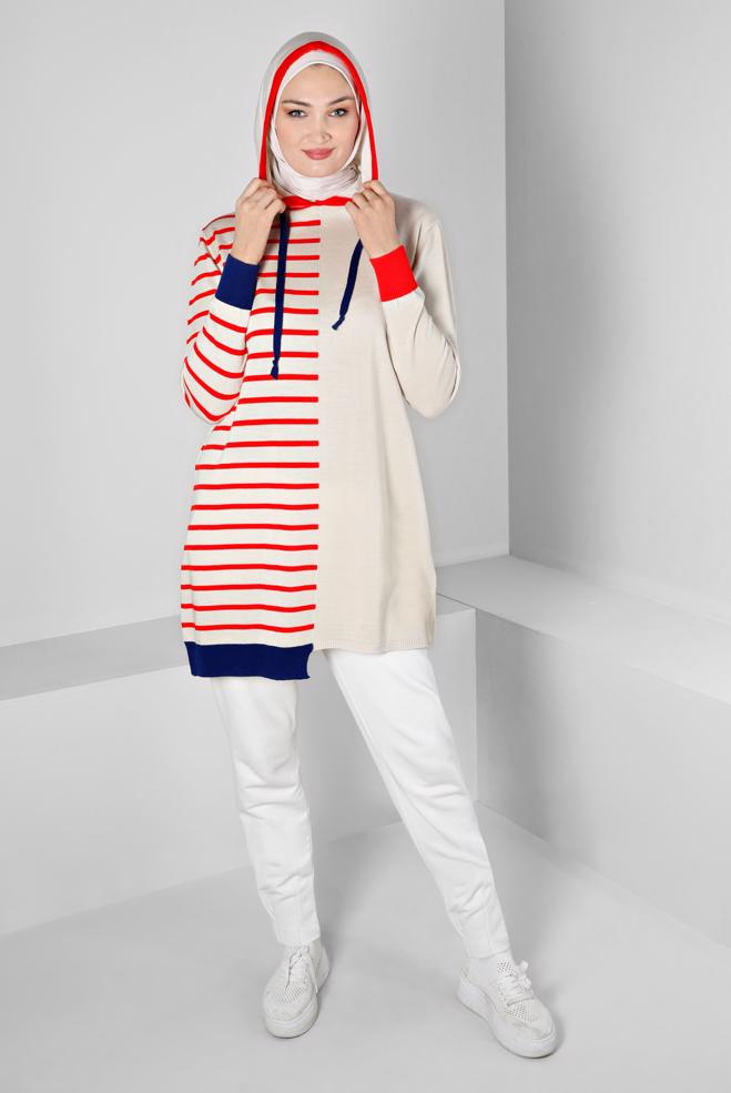 Tesettür giyim BEJ ÇİZGİLİ KAPÜŞONLU TRİKO TUNİK 43179  - ALVİNA