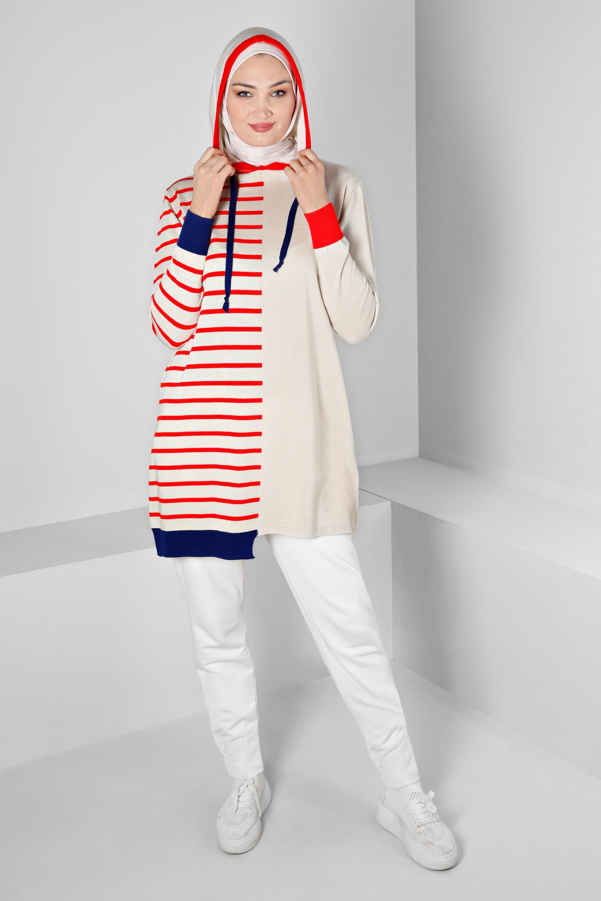 Vêtements hijab BEIGE TUNIQUE EN MAILLE À CAPUCHE À RAYURES 43179
