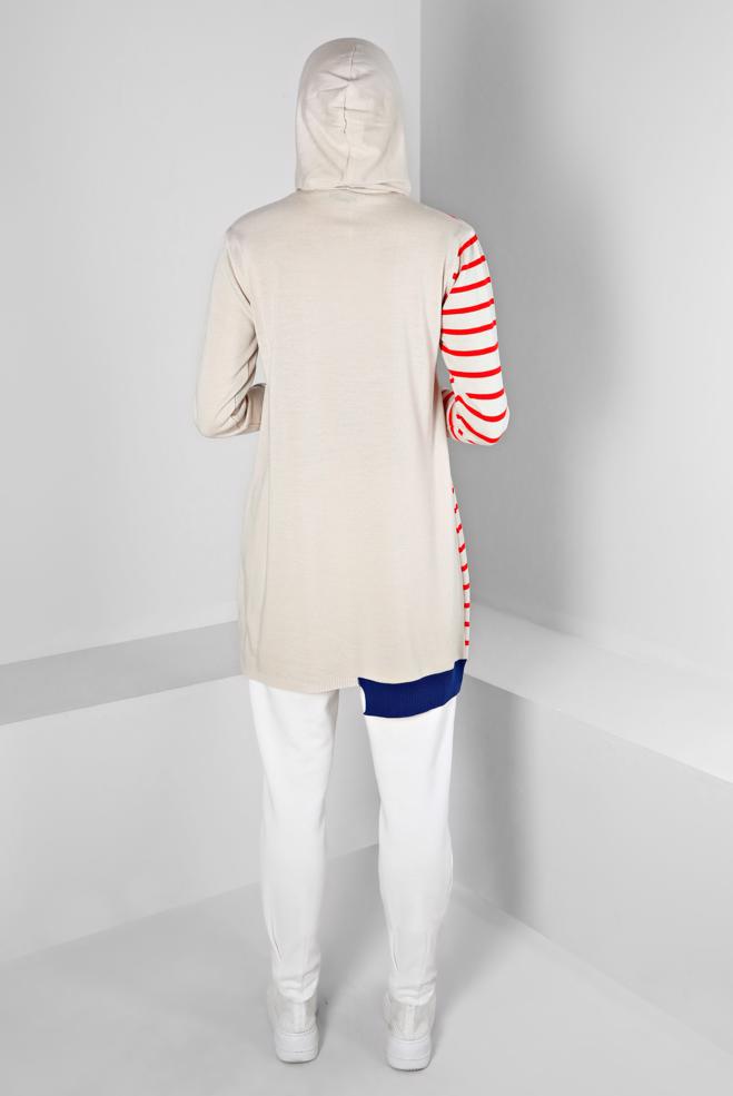 Tesettür giyim BEJ ÇİZGİLİ KAPÜŞONLU TRİKO TUNİK 43179  - ALVİNA