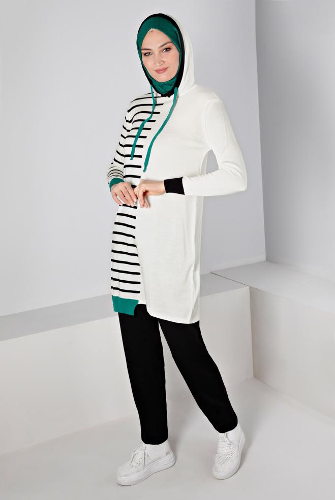 Tesettür giyim BEJ ÇİZGİLİ KAPÜŞONLU TRİKO TUNİK 43179  - ALVİNA