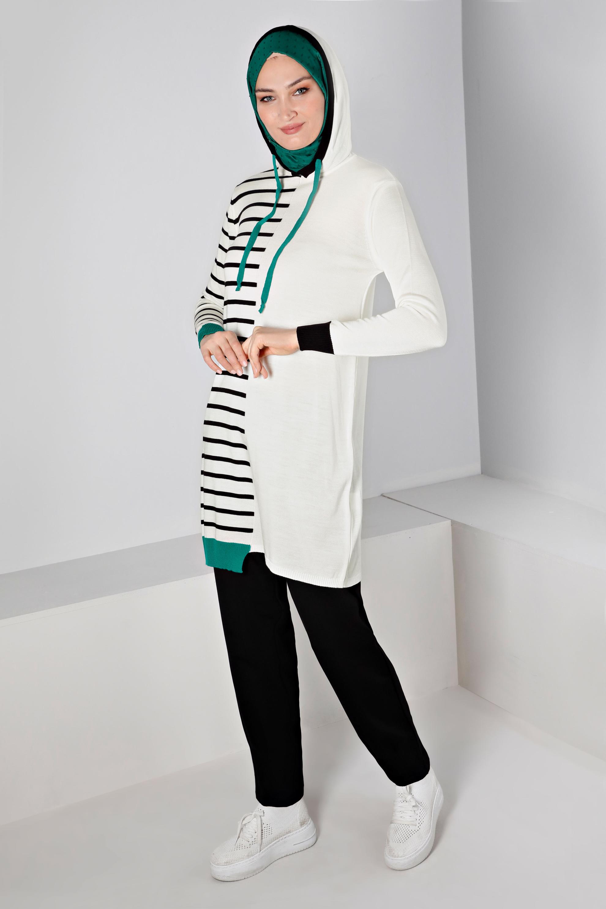 Vêtements hijab BEIGE TUNIQUE EN MAILLE À CAPUCHE À RAYURES 43179