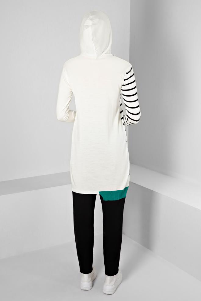 Tesettür giyim BEJ ÇİZGİLİ KAPÜŞONLU TRİKO TUNİK 43179  - ALVİNA