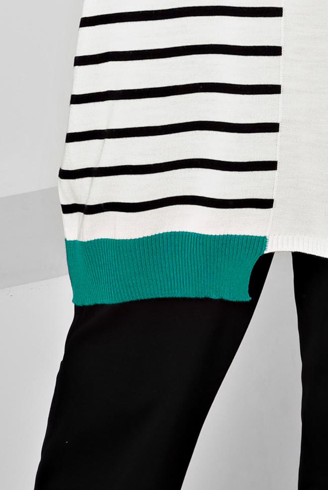 Tesettür giyim BEJ ÇİZGİLİ KAPÜŞONLU TRİKO TUNİK 43179  - ALVİNA