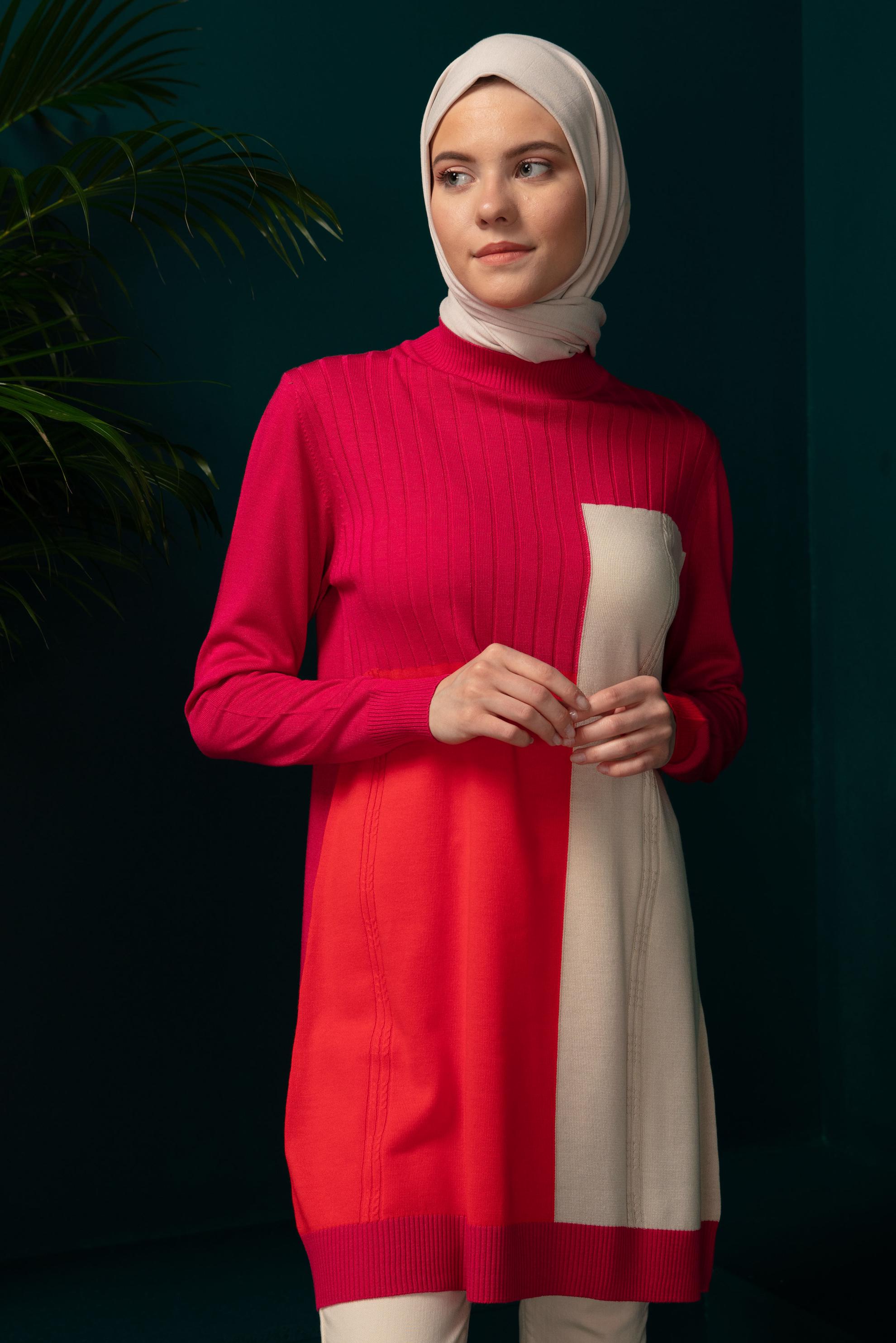 Tesettür giyim FUŞYA RENK BLOKLU TRİKO TUNİK 43180