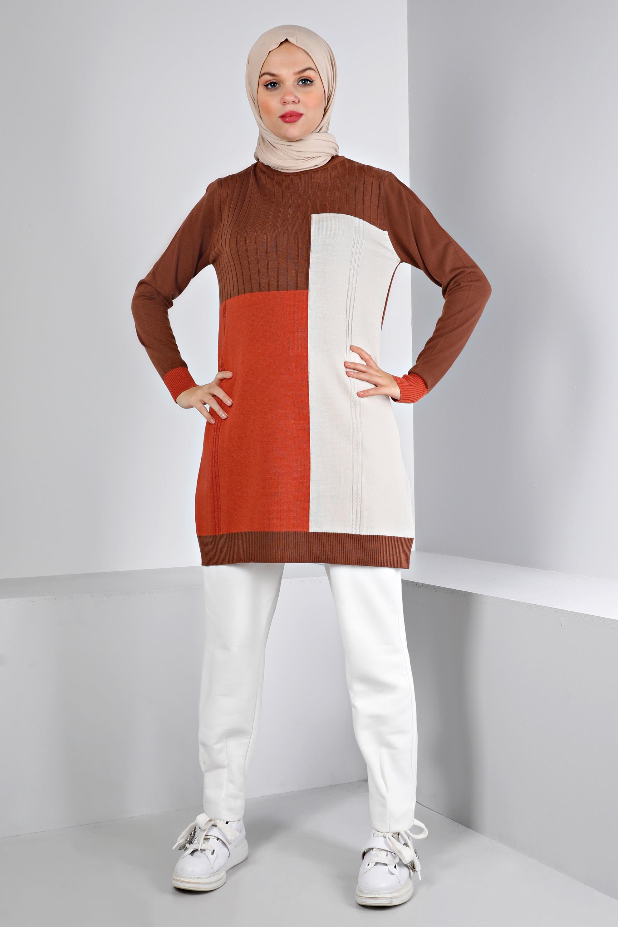 Tesettür giyim KAHVE RENK BLOKLU TRİKO TUNİK 43180