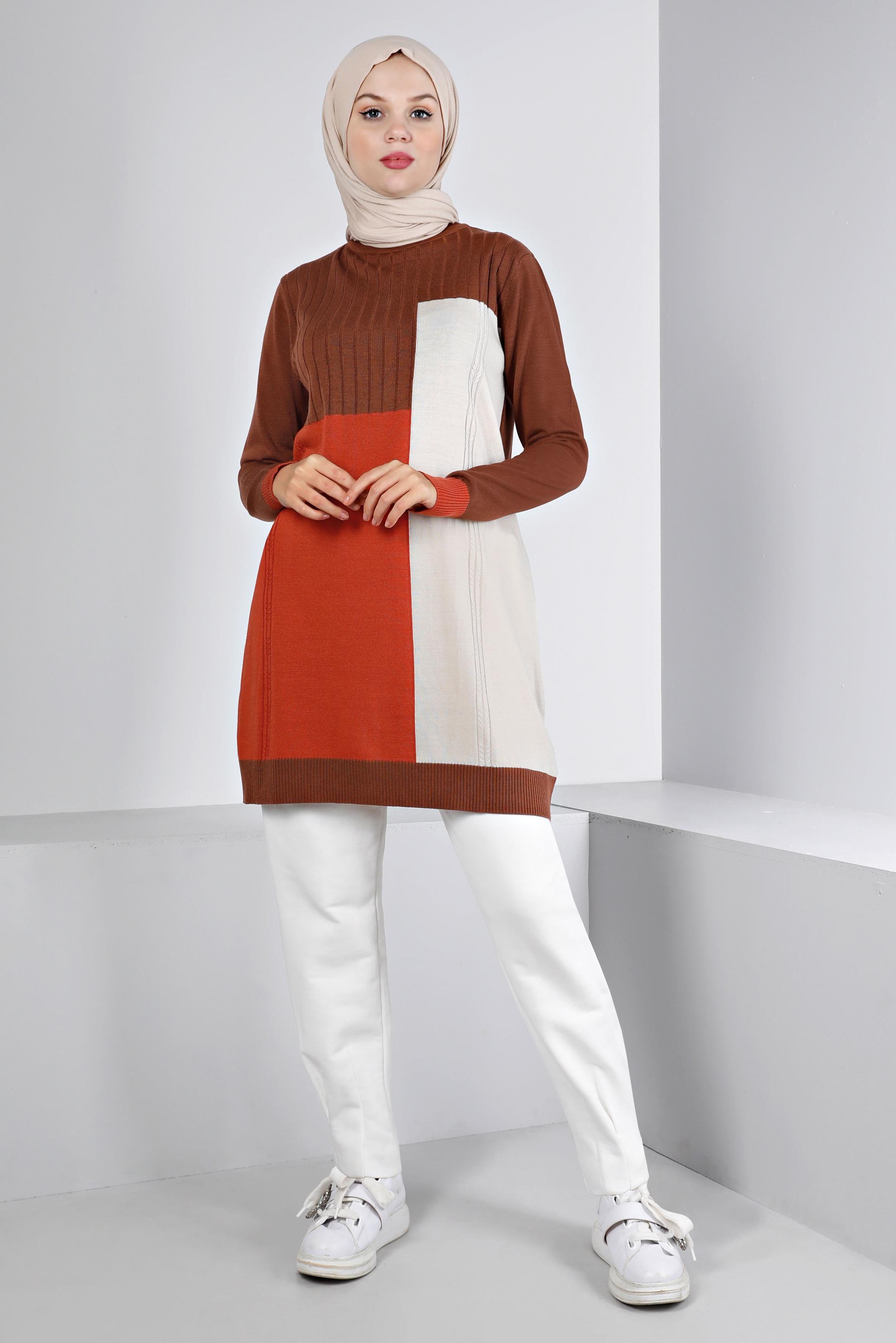 Tesettür giyim KAHVE RENK BLOKLU TRİKO TUNİK 43180
