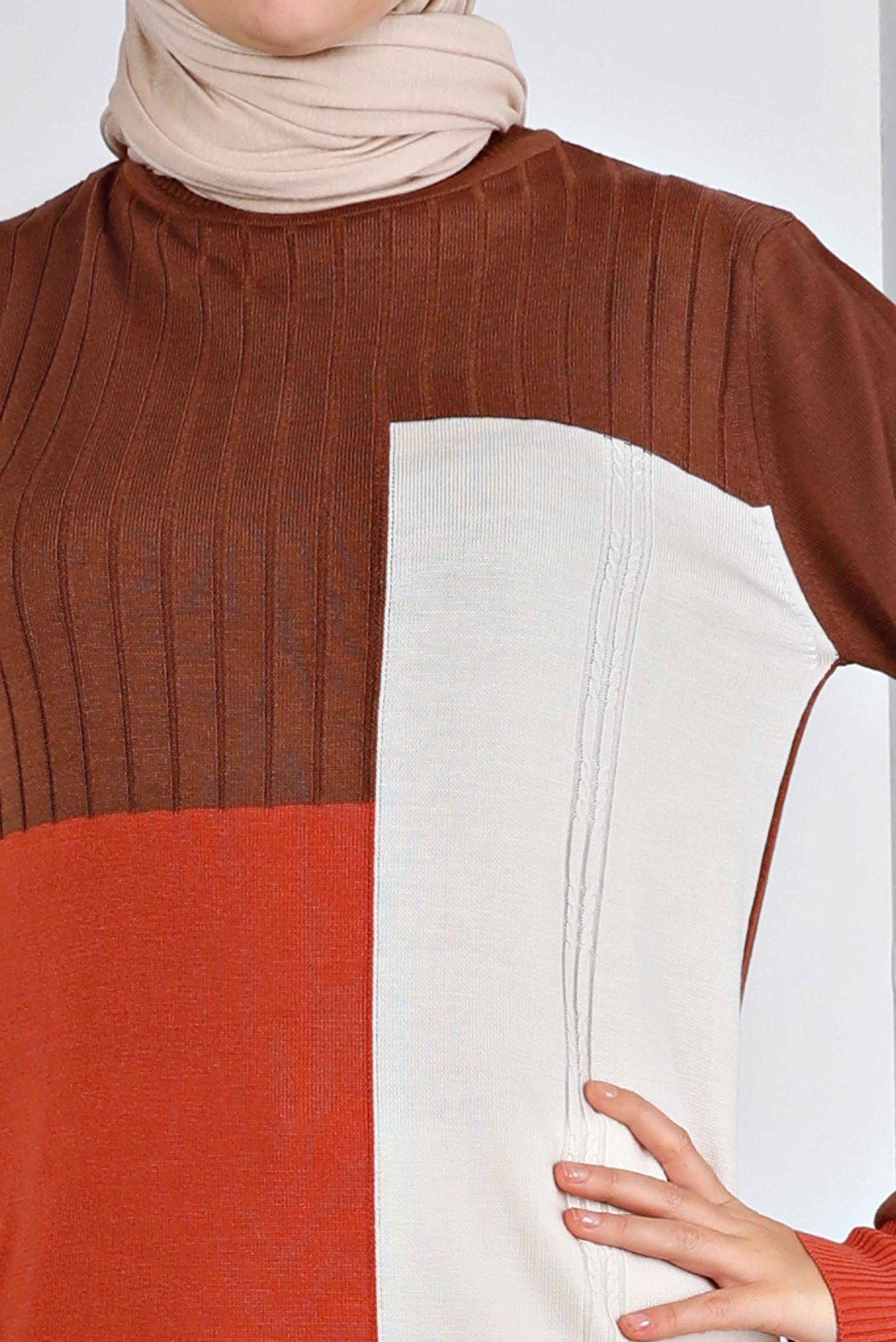 Tesettür giyim KAHVE RENK BLOKLU TRİKO TUNİK 43180