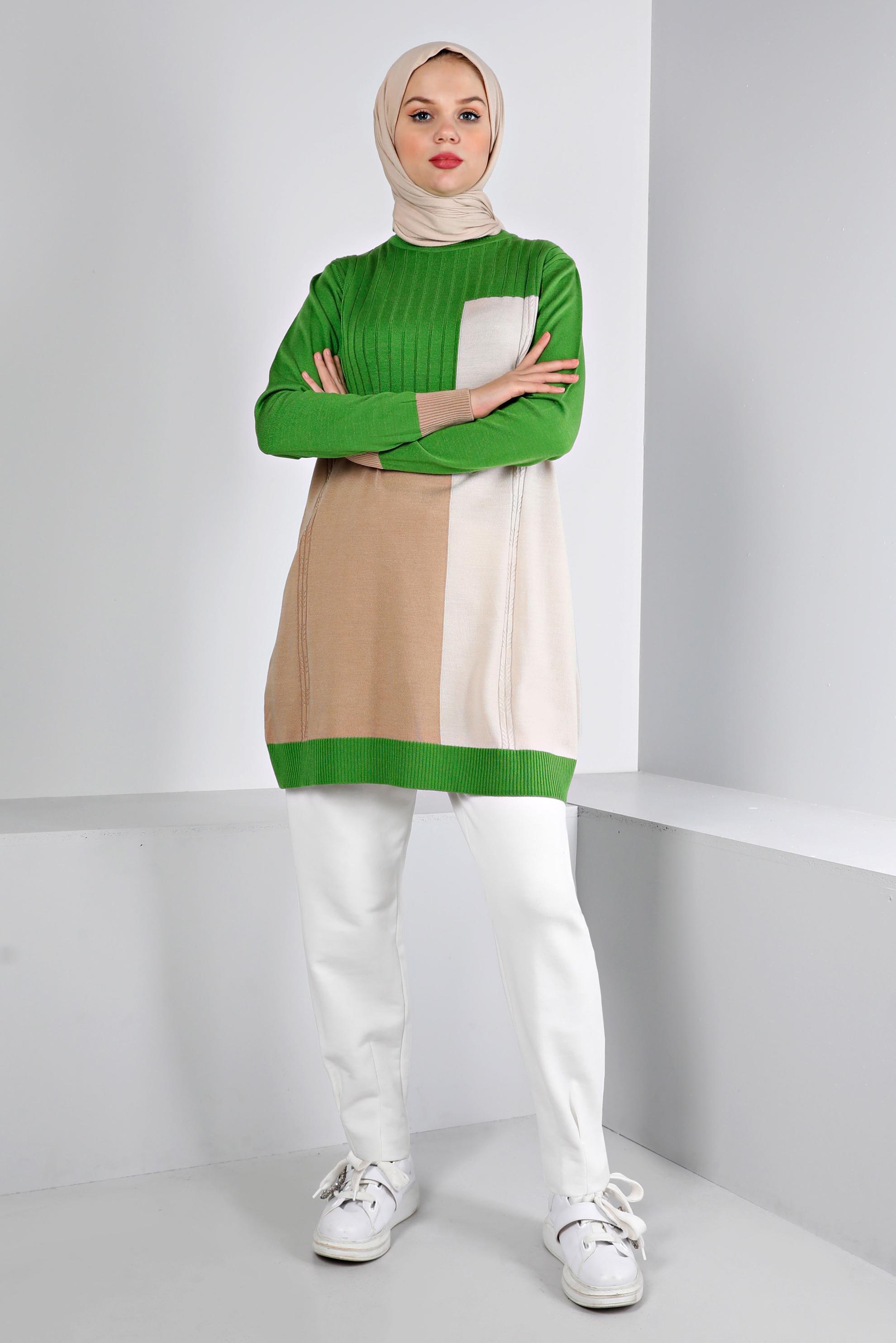 Tesettür giyim YEŞİL RENK BLOKLU TRİKO TUNİK 43180