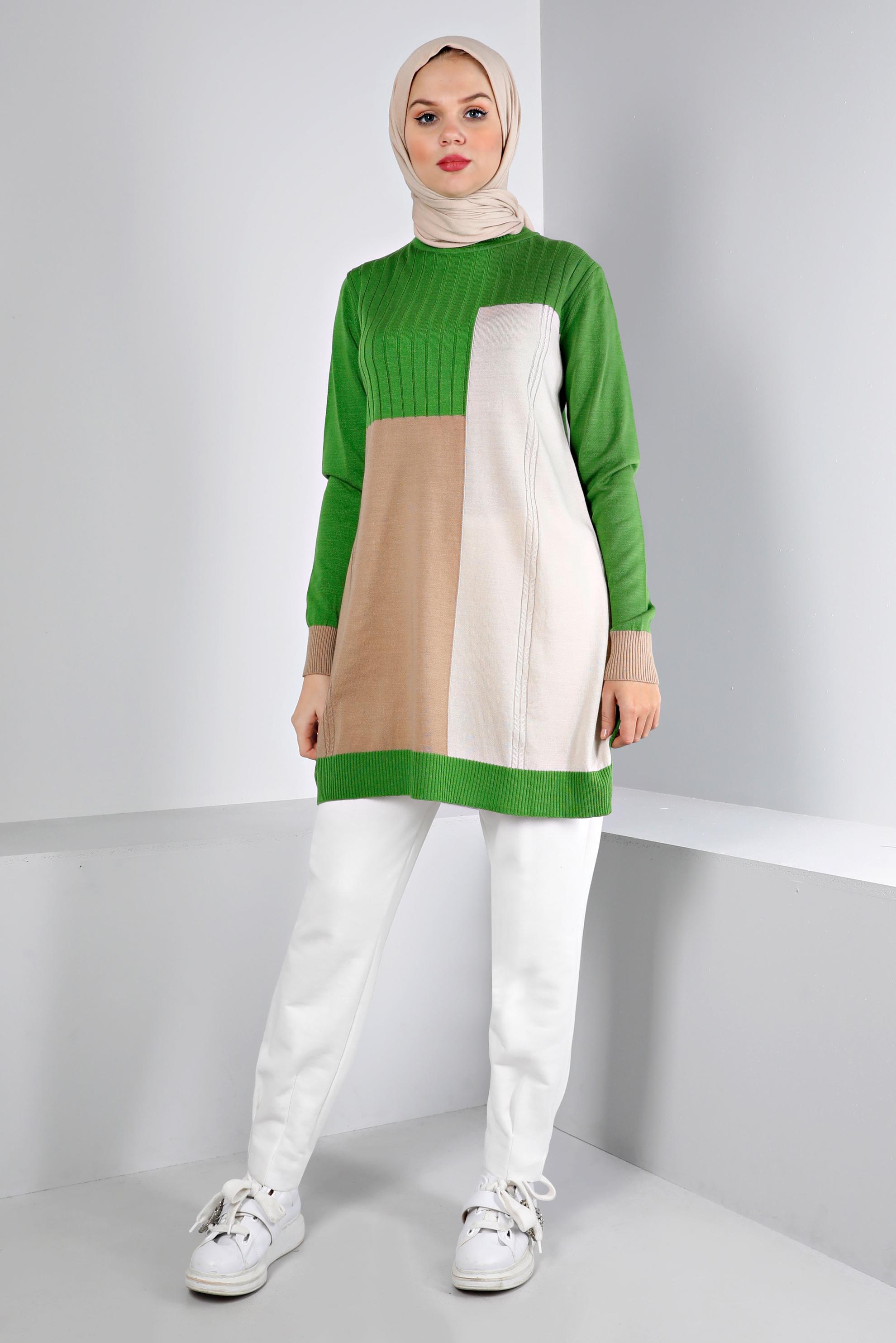 Tesettür giyim YEŞİL RENK BLOKLU TRİKO TUNİK 43180