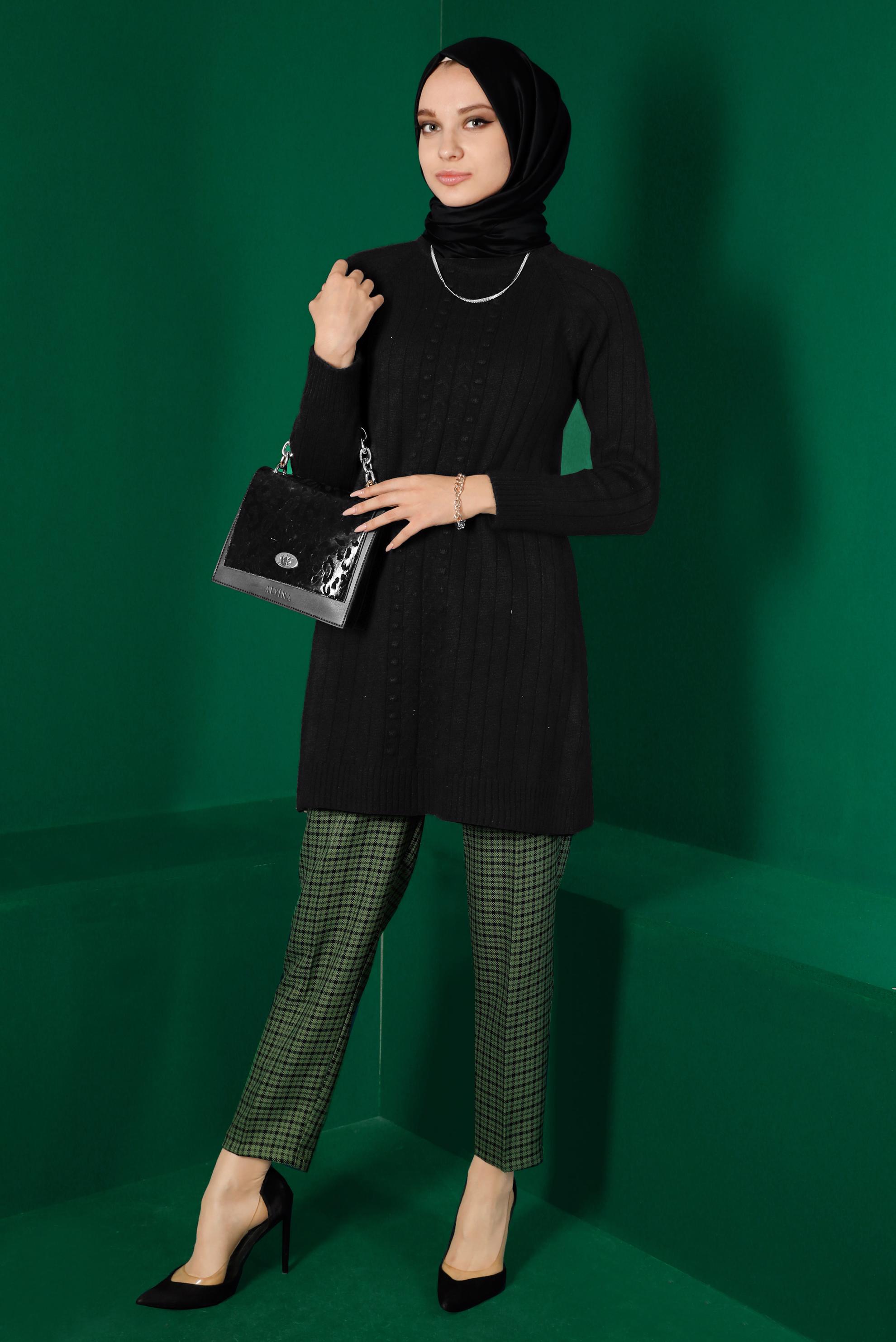 Tesettür giyim SİYAH KENDİNDEN DESENLİ TRİKO TUNİK 43181 