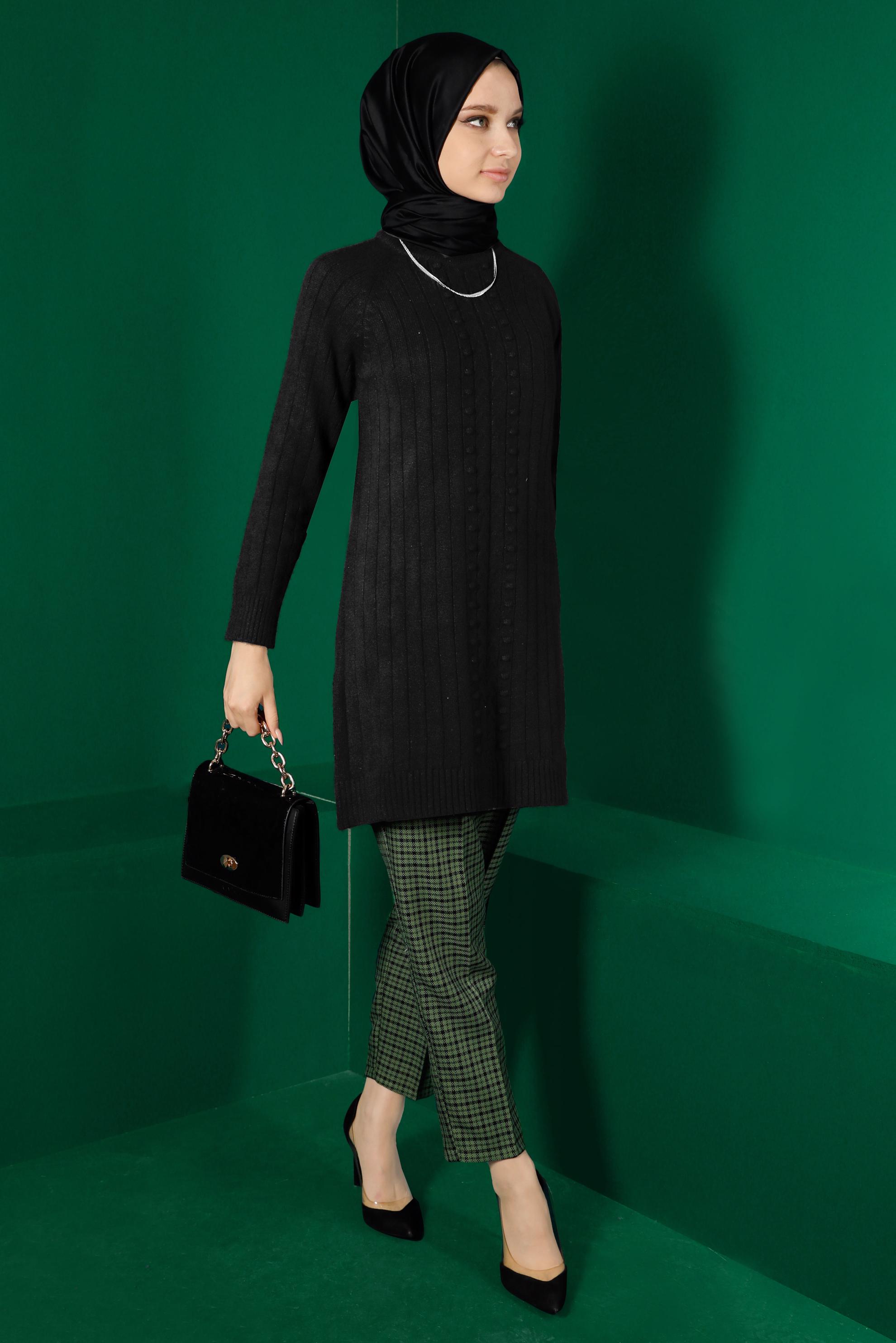 Tesettür giyim SİYAH KENDİNDEN DESENLİ TRİKO TUNİK 43181 