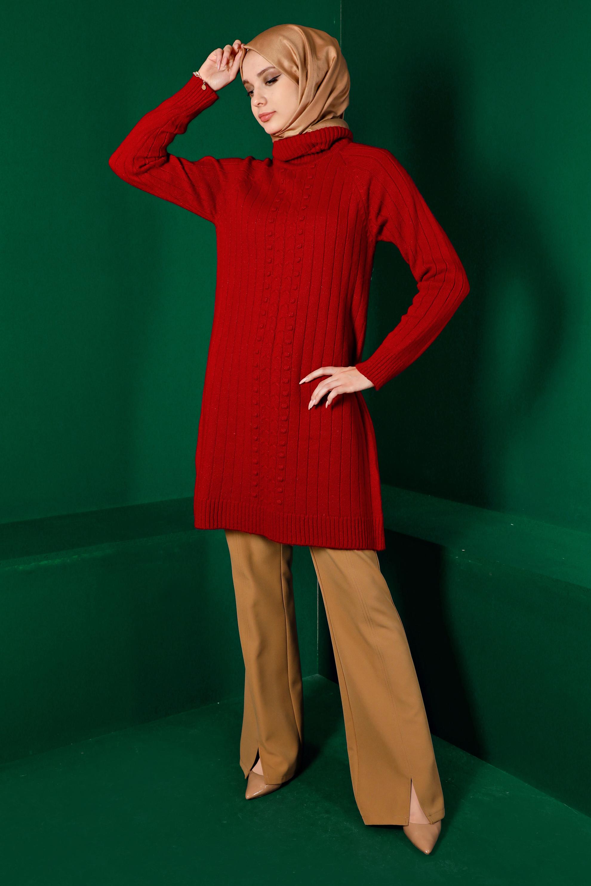 Tesettür giyim KIRMIZI KENDİNDEN DESENLİ TRİKO TUNİK 43181 