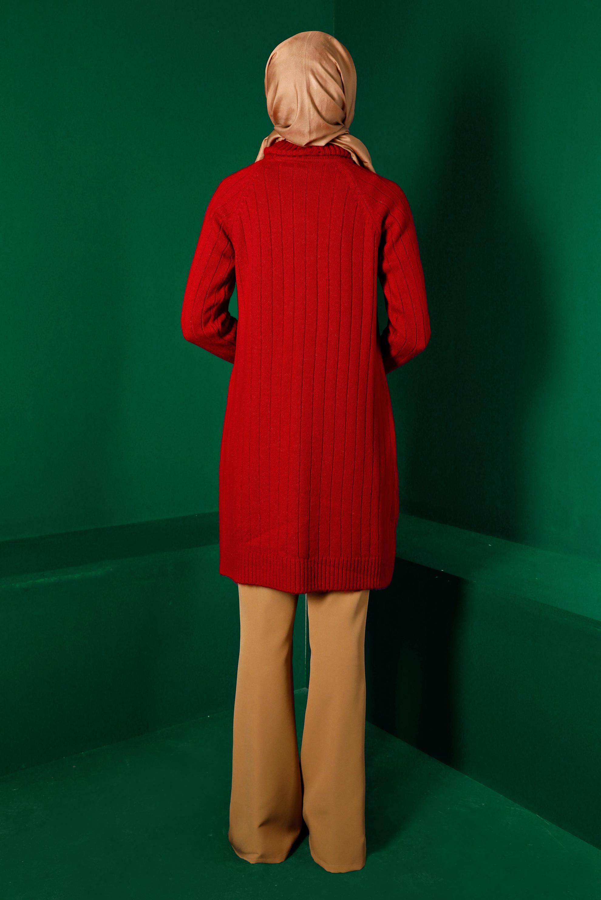 Tesettür giyim KIRMIZI KENDİNDEN DESENLİ TRİKO TUNİK 43181 