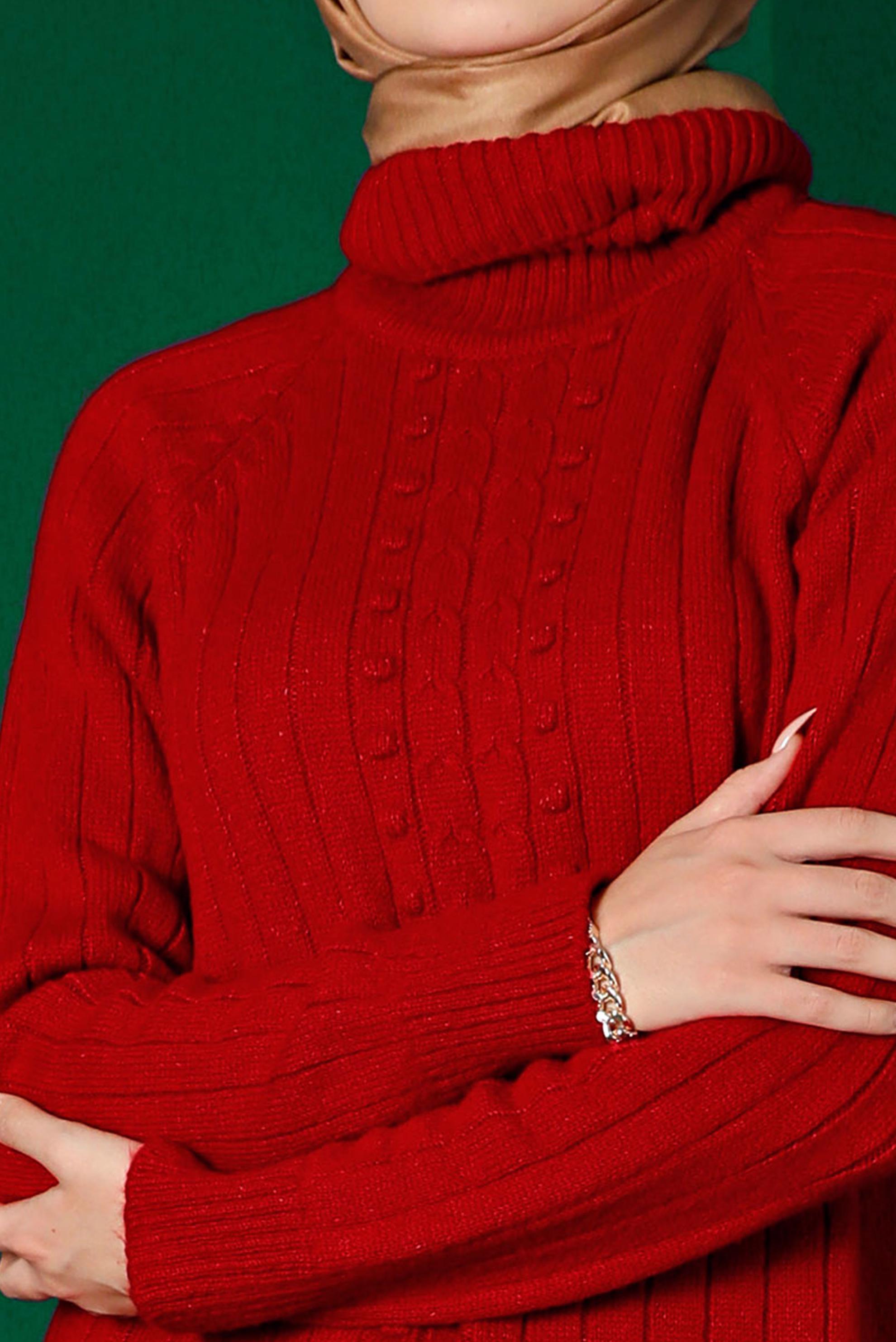 Tesettür giyim KIRMIZI KENDİNDEN DESENLİ TRİKO TUNİK 43181 