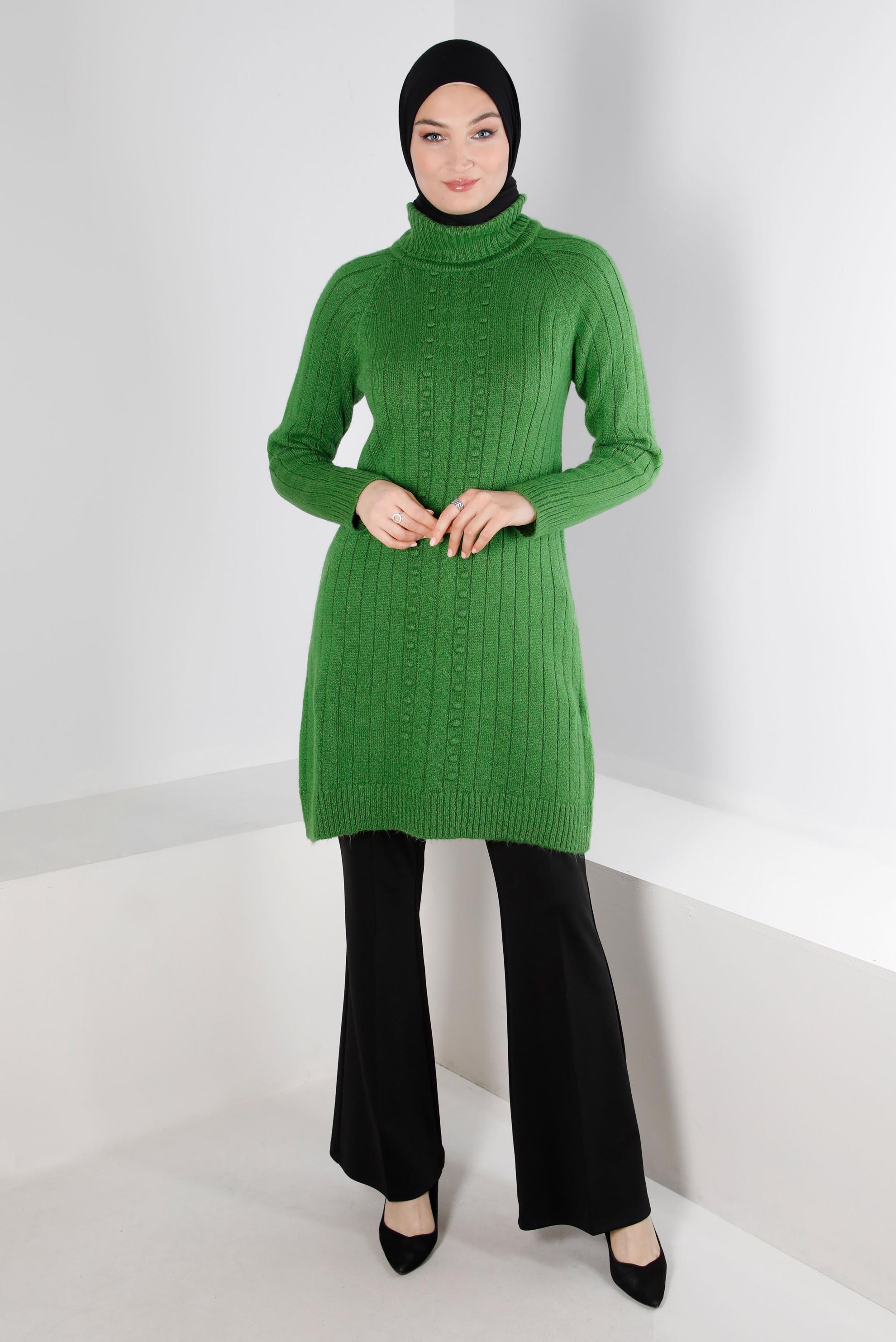 Tesettür giyim YEŞİL KENDİNDEN DESENLİ TRİKO TUNİK 43181 