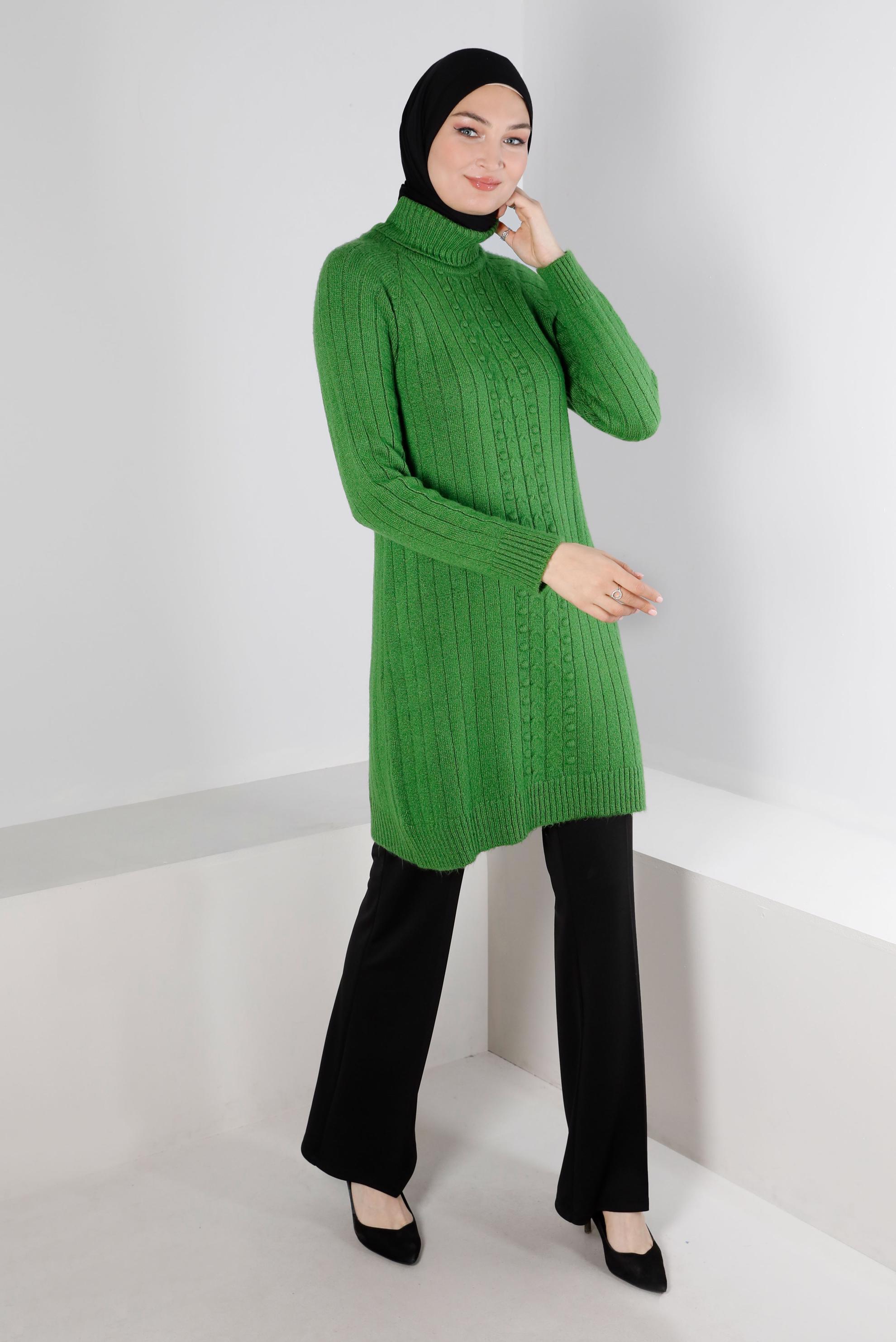 Tesettür giyim YEŞİL KENDİNDEN DESENLİ TRİKO TUNİK 43181 