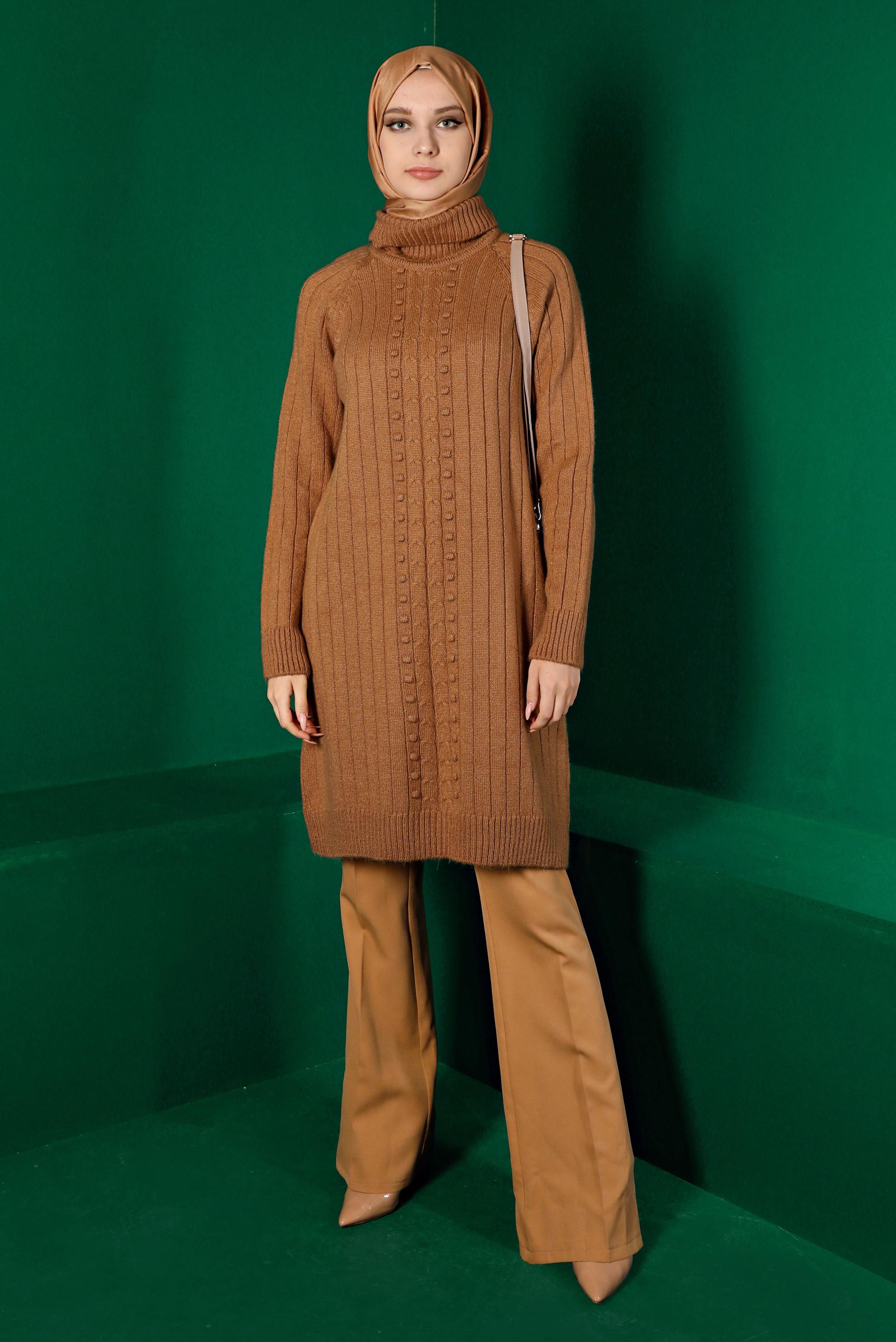 Tesettür giyim KAHVE KENDİNDEN DESENLİ TRİKO TUNİK 43181 