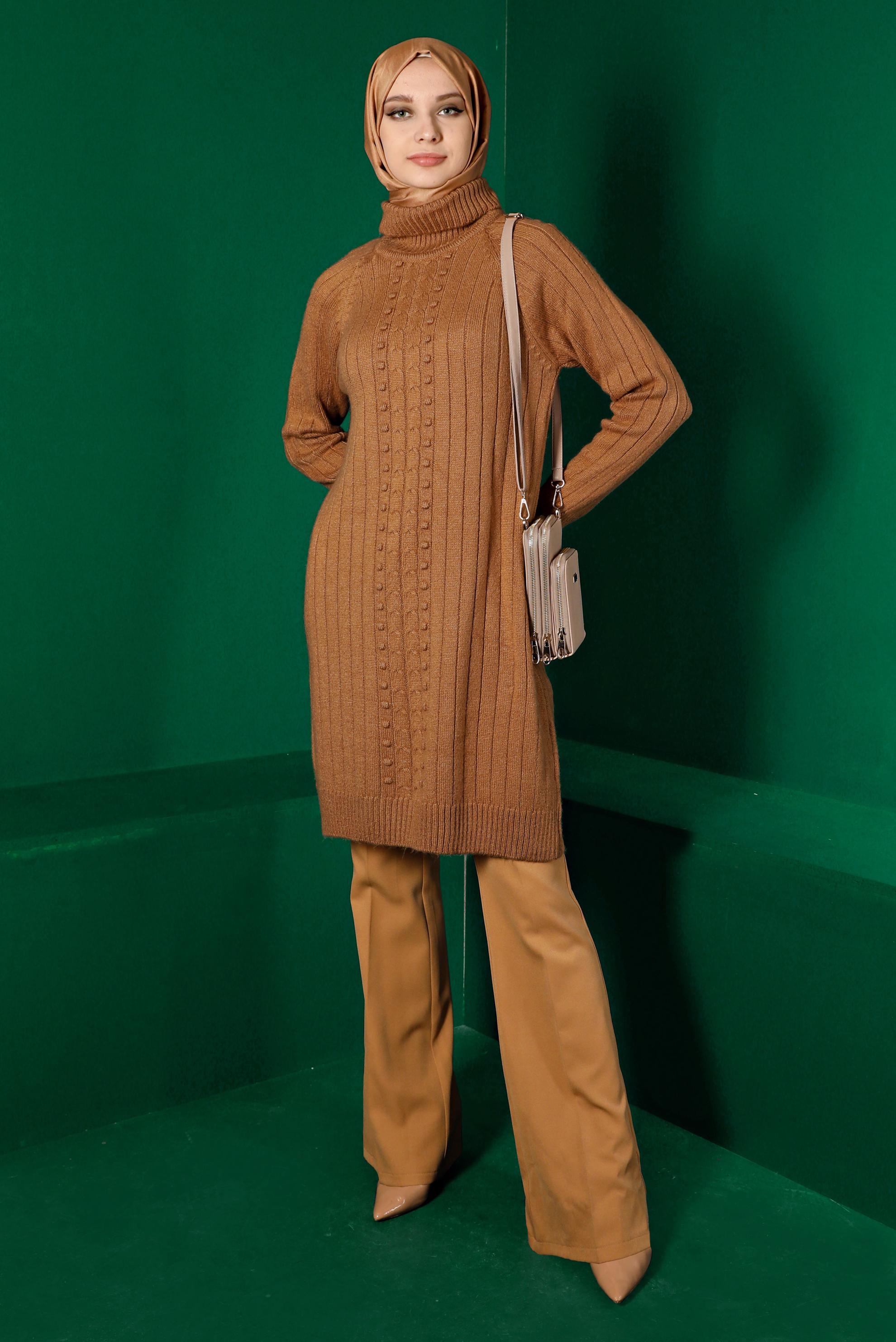 Tesettür giyim KAHVE KENDİNDEN DESENLİ TRİKO TUNİK 43181 