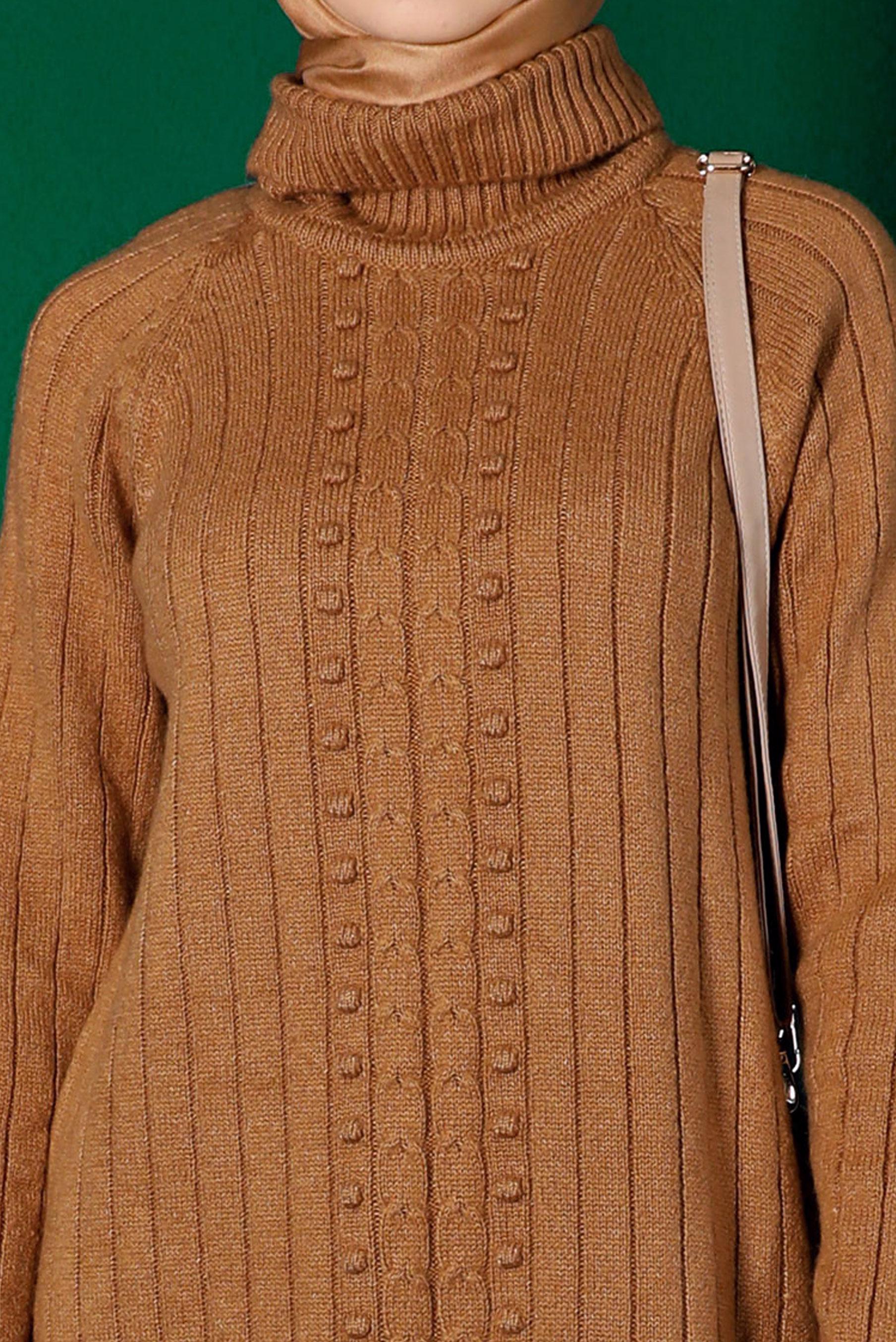 Tesettür giyim KAHVE KENDİNDEN DESENLİ TRİKO TUNİK 43181 