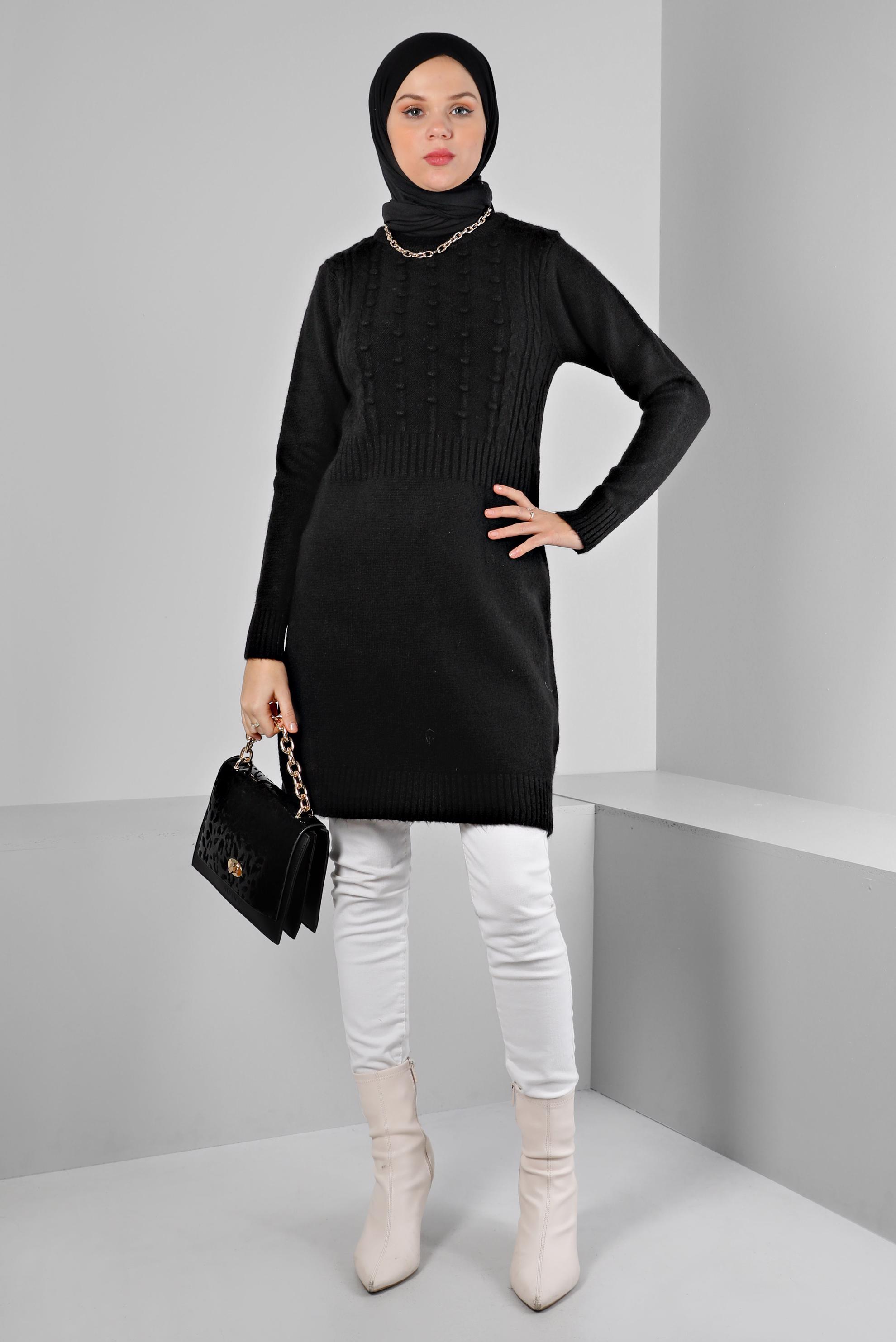 Tesettür giyim SİYAH PONPON DETAYLI BOĞAZLI TRİKO TUNİK 43182