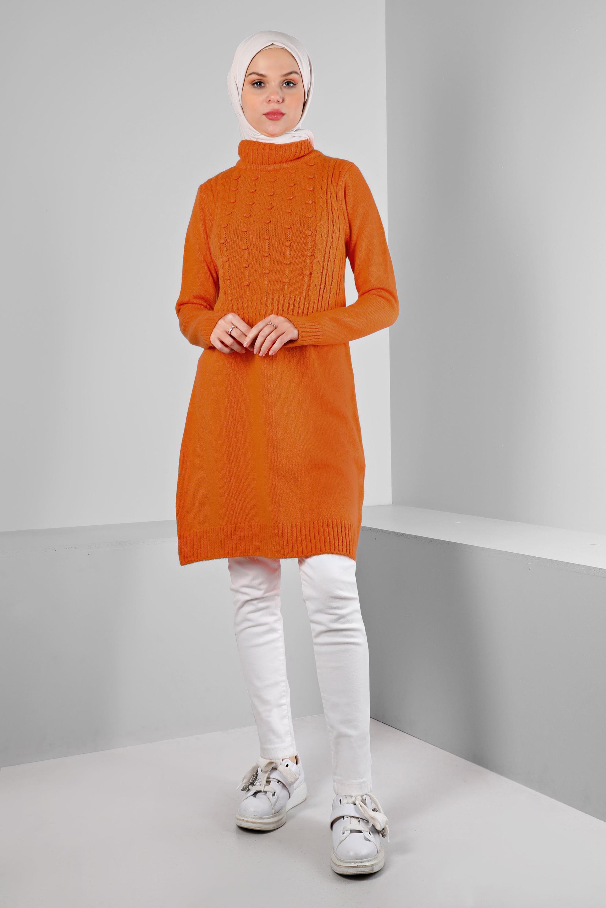 Hijab clothing ORANGE TURTLENECK KNITWEAR TUNIC WITH POMPOMS 43182