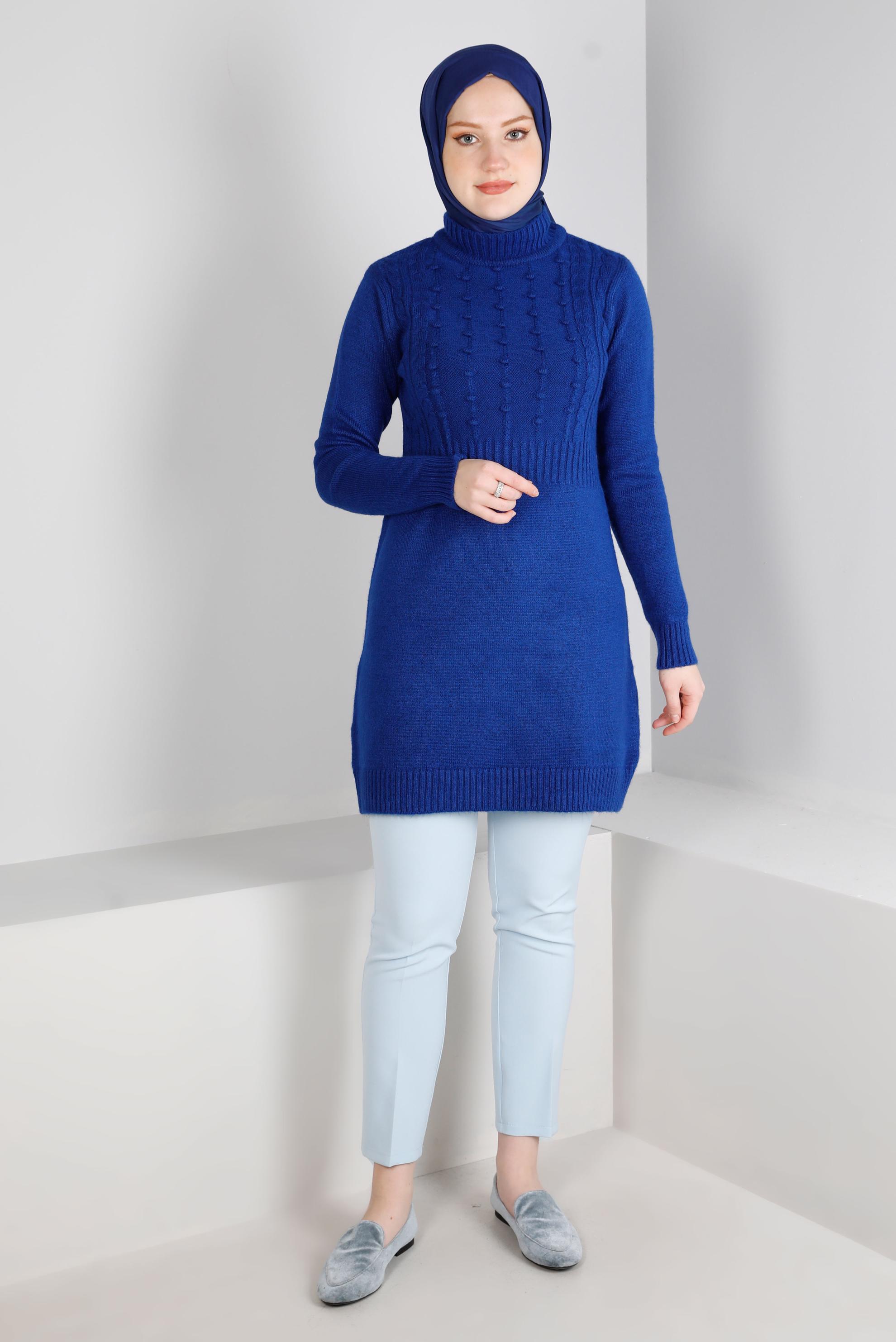 Tesettür giyim LACİVERT PONPON DETAYLI BOĞAZLI TRİKO TUNİK 43182
