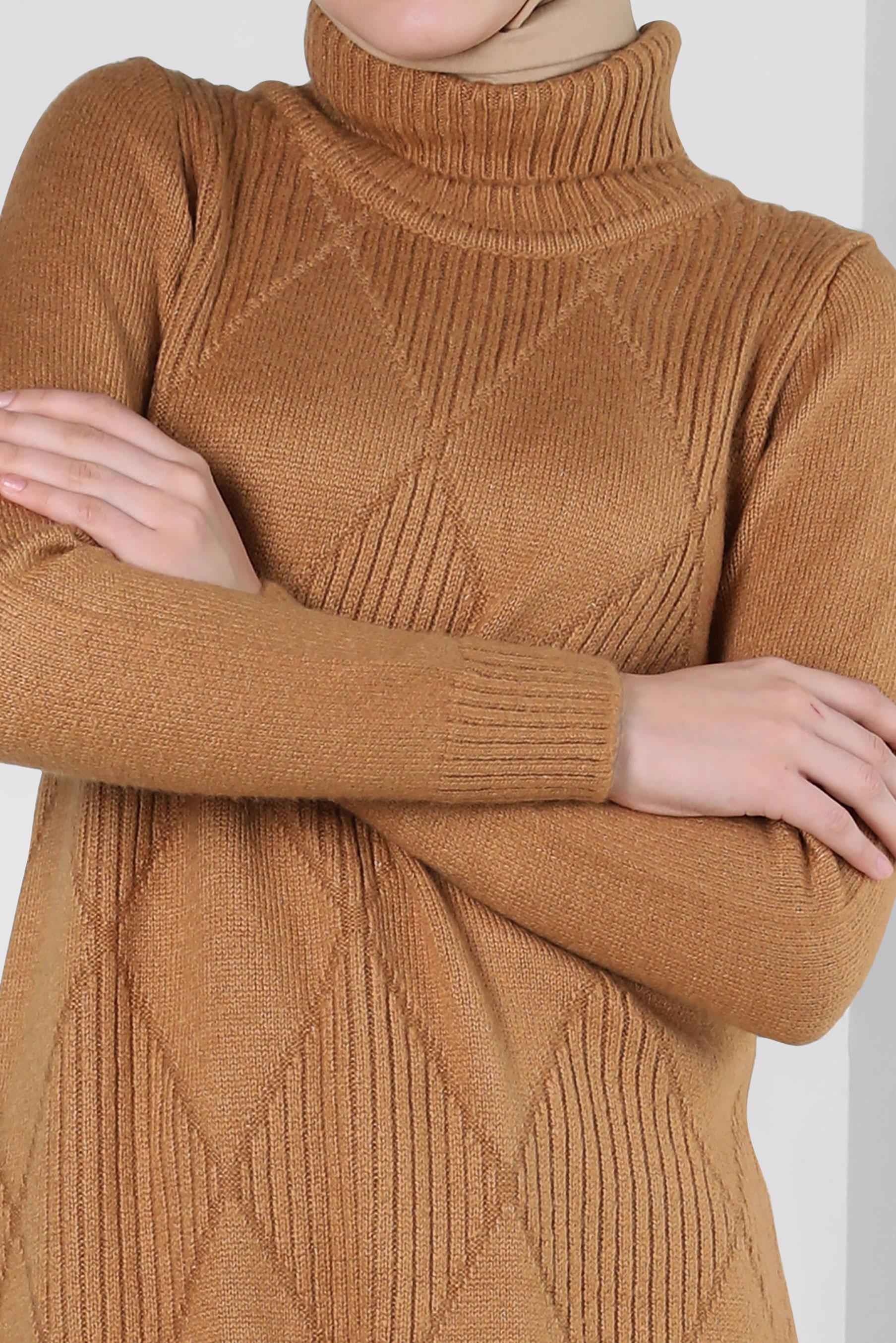 Tesettür giyim KAHVE KENDİNDEN DESENLİ BALIKÇI YAKA TRİKO TUNİK 43183	