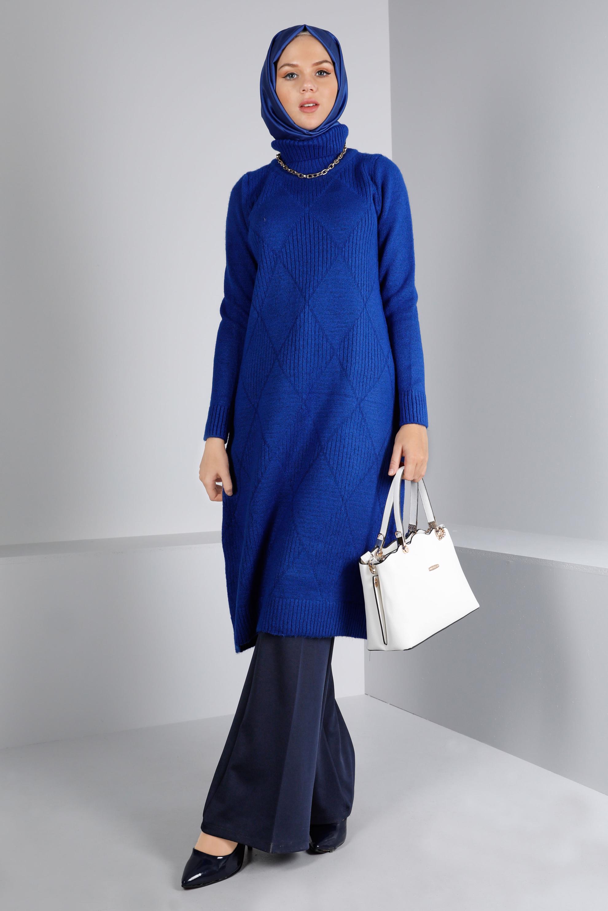 Tesettür giyim LACİVERT KENDİNDEN DESENLİ BALIKÇI YAKA TRİKO TUNİK 43183	