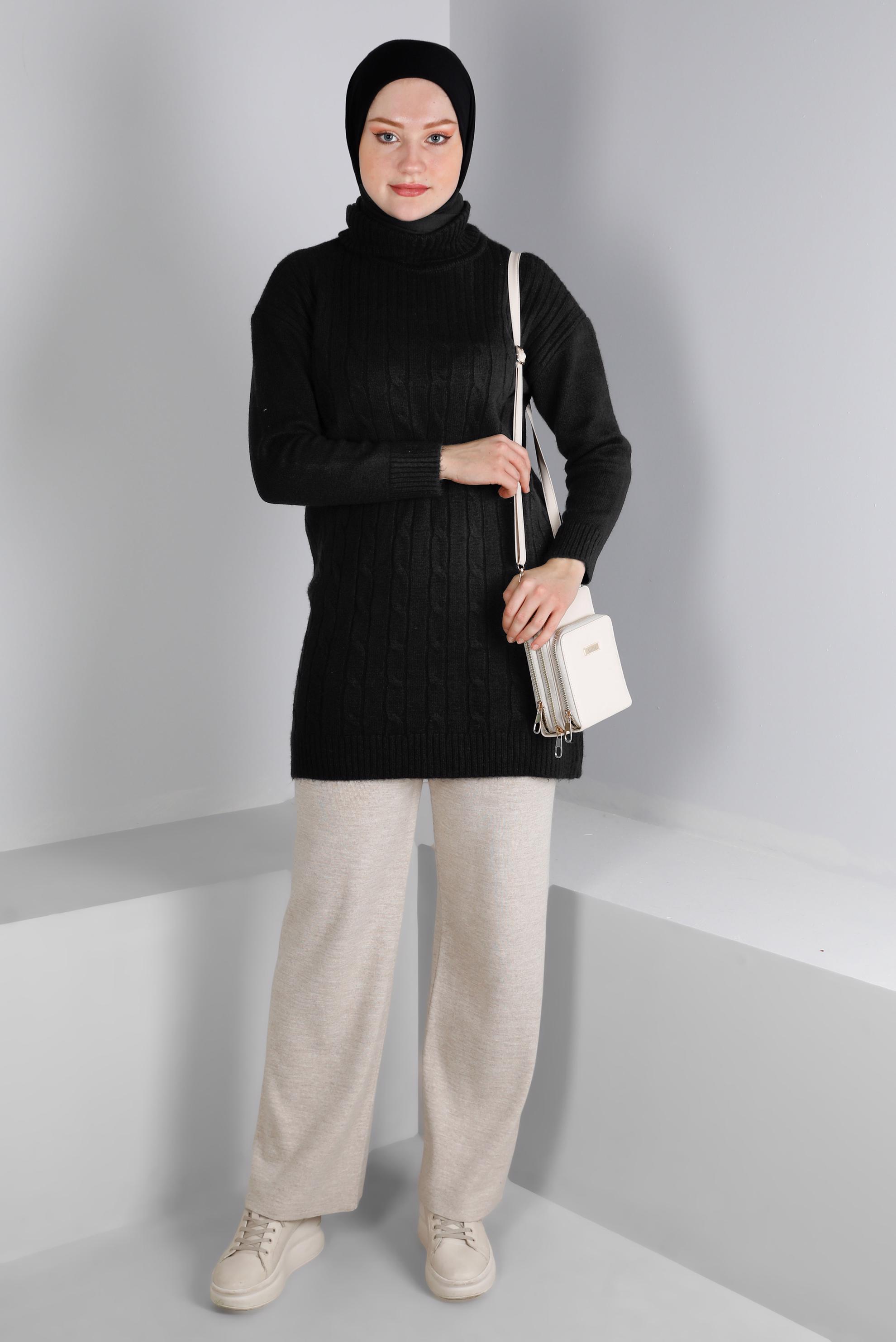 Tesettür giyim SİYAH ÖRGÜ DESENLİ BOĞAZLI TRİKO TUNİK 43185