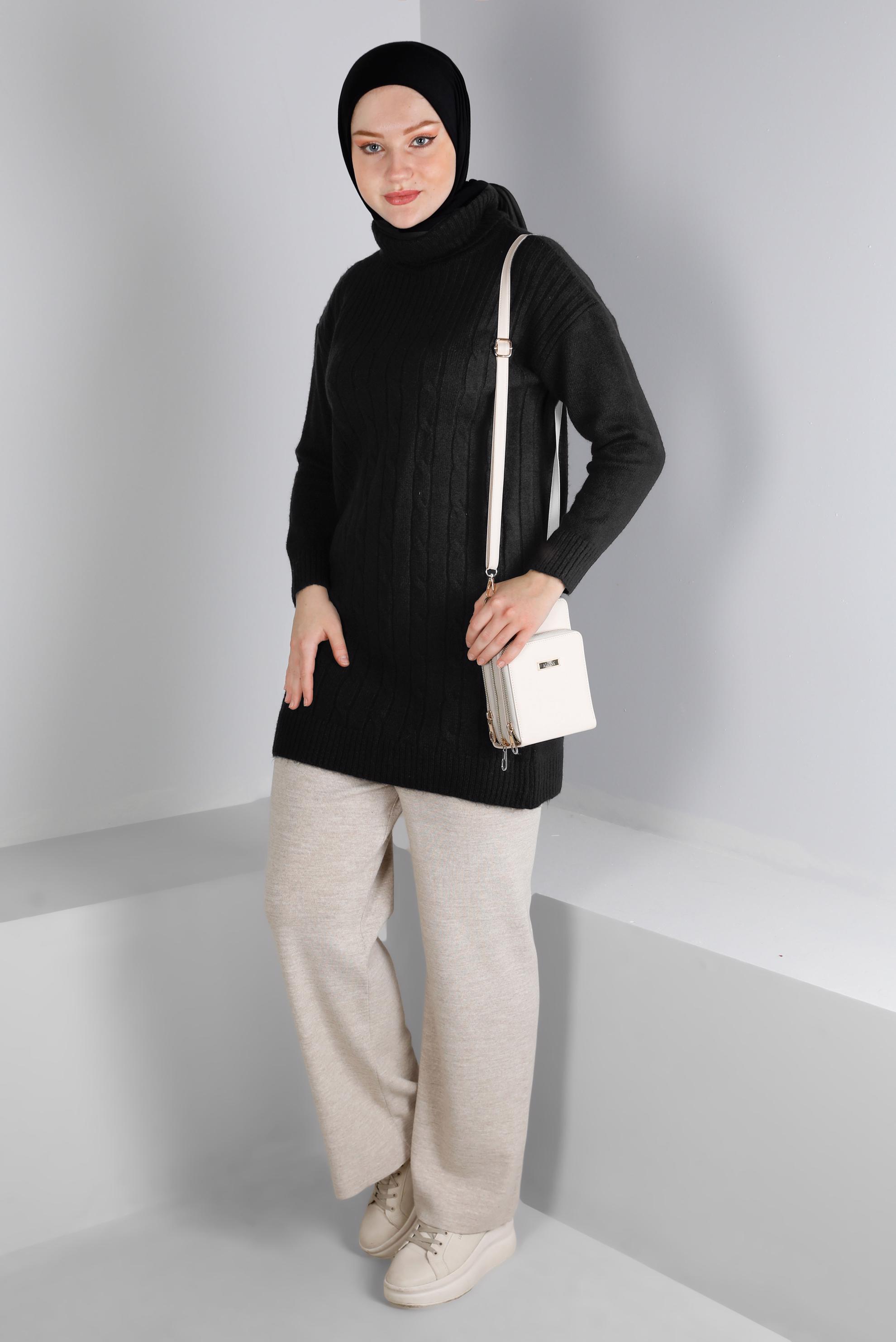 Tesettür giyim SİYAH ÖRGÜ DESENLİ BOĞAZLI TRİKO TUNİK 43185