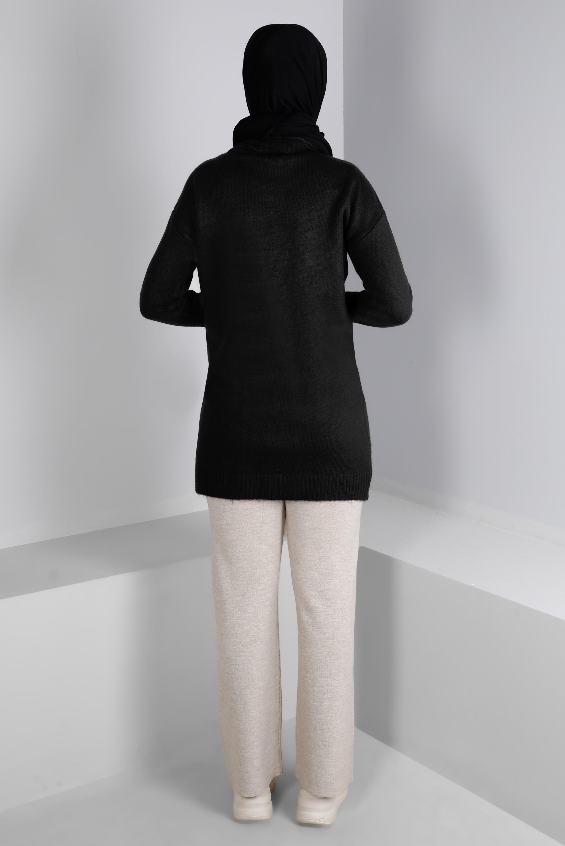 Tesettür giyim SİYAH ÖRGÜ DESENLİ BOĞAZLI TRİKO TUNİK 43185