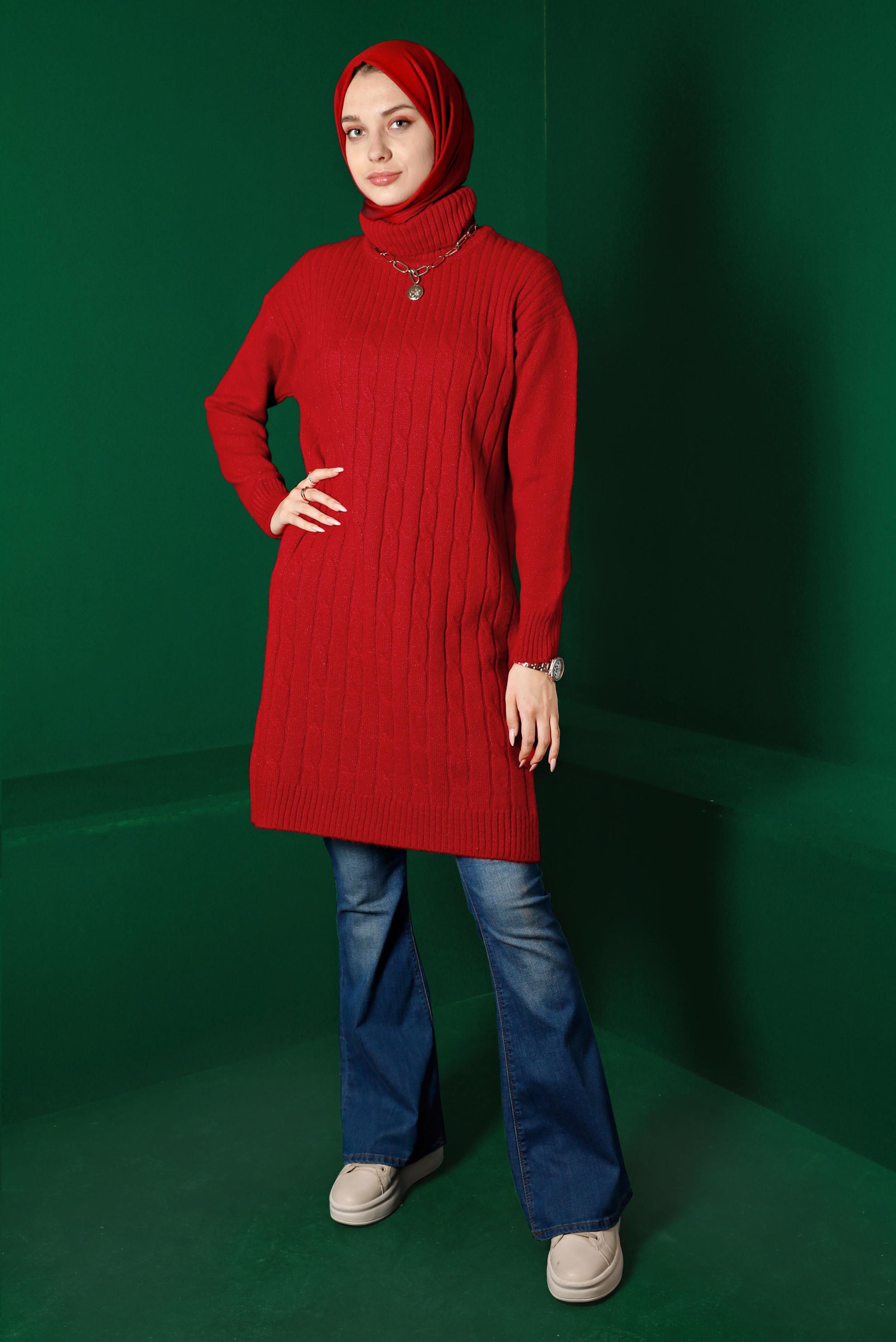 Tesettür giyim KIRMIZI ÖRGÜ DESENLİ BOĞAZLI TRİKO TUNİK 43185