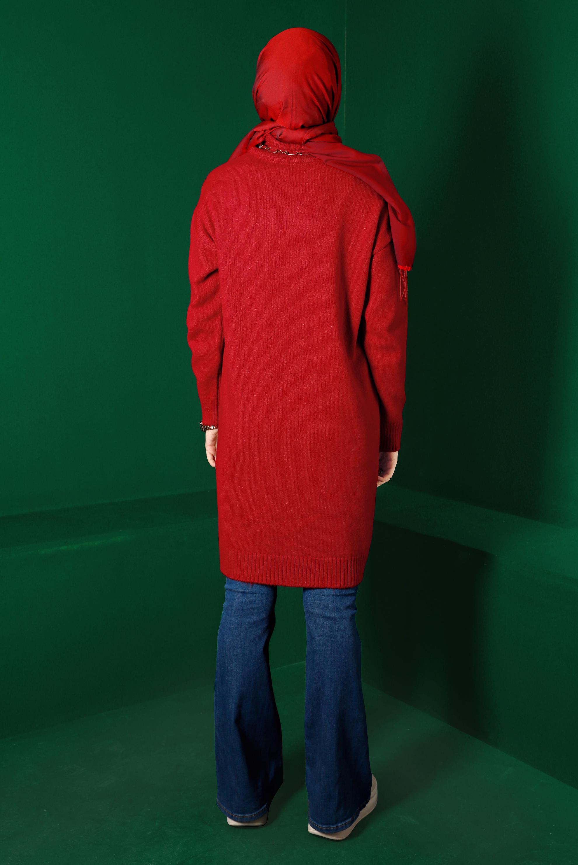 Tesettür giyim KIRMIZI ÖRGÜ DESENLİ BOĞAZLI TRİKO TUNİK 43185