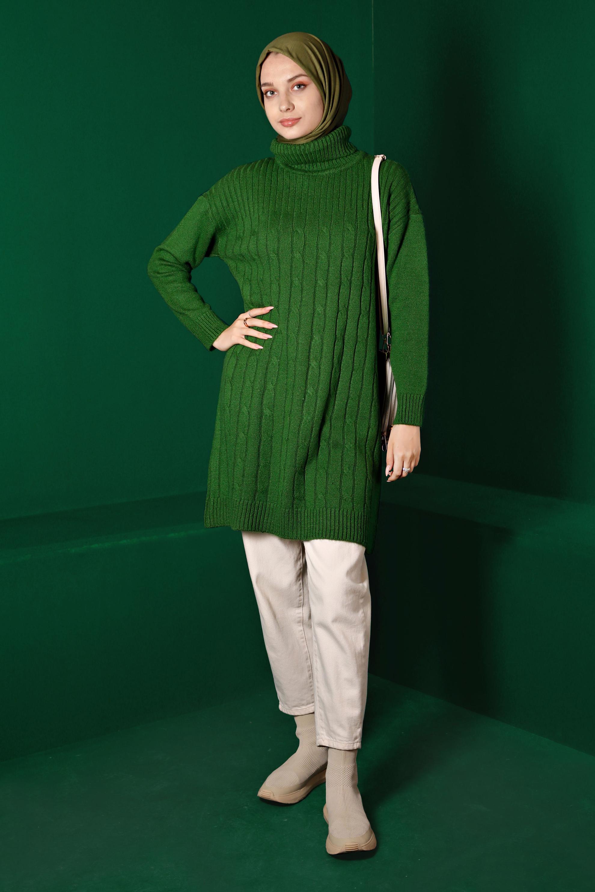 Tesettür giyim YEŞİL ÖRGÜ DESENLİ BOĞAZLI TRİKO TUNİK 43185