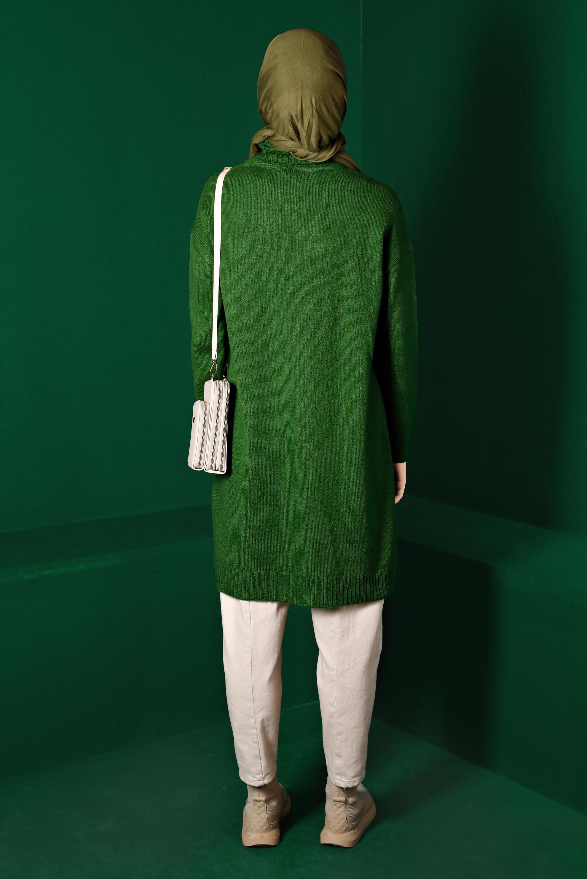 Tesettür giyim YEŞİL ÖRGÜ DESENLİ BOĞAZLI TRİKO TUNİK 43185