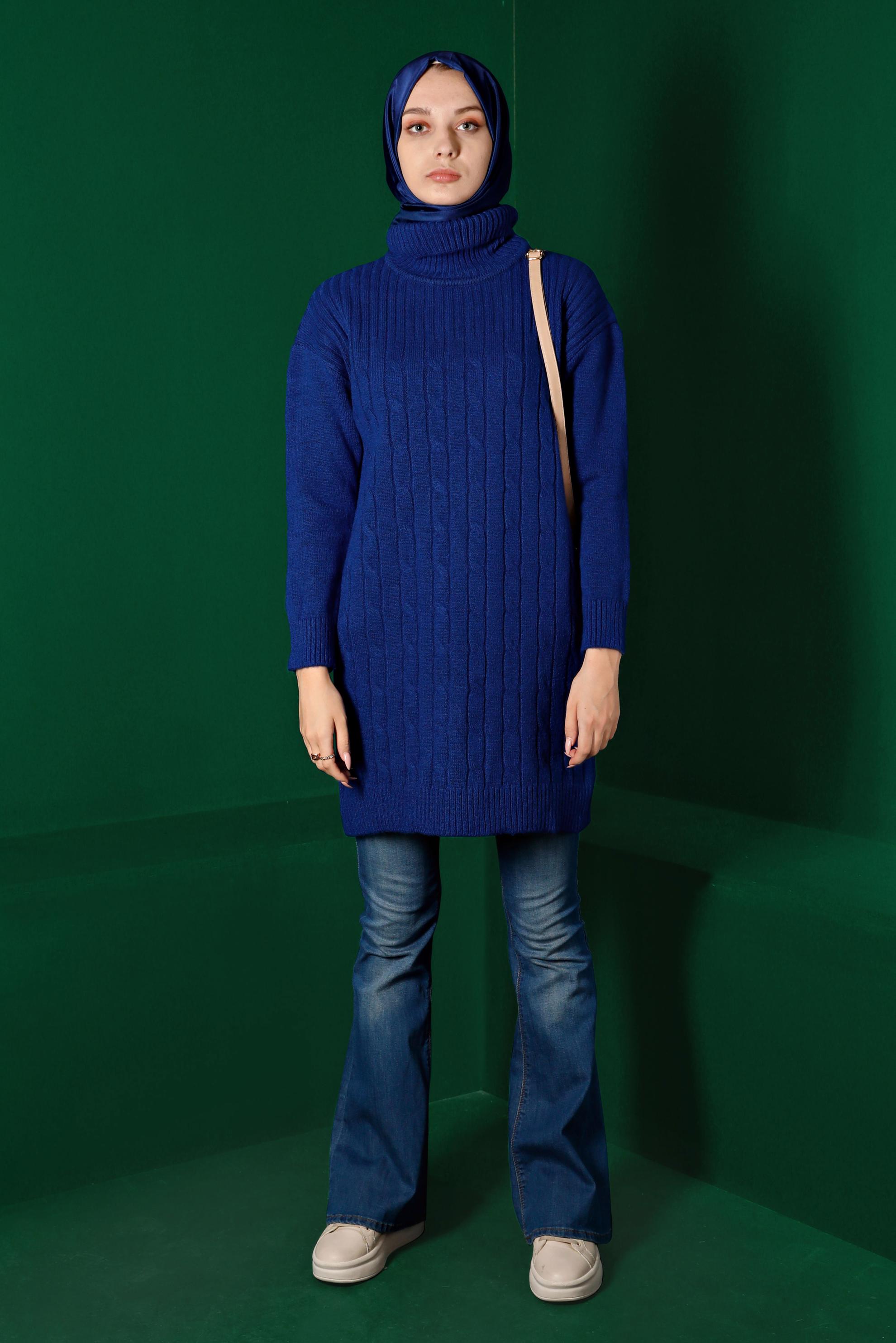 Tesettür giyim LACİVERT ÖRGÜ DESENLİ BOĞAZLI TRİKO TUNİK 43185