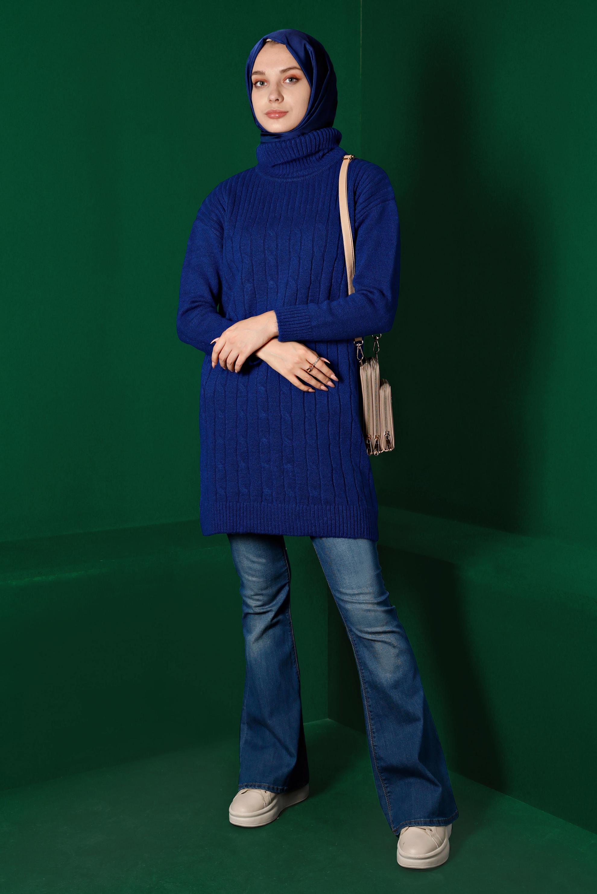 Tesettür giyim LACİVERT ÖRGÜ DESENLİ BOĞAZLI TRİKO TUNİK 43185