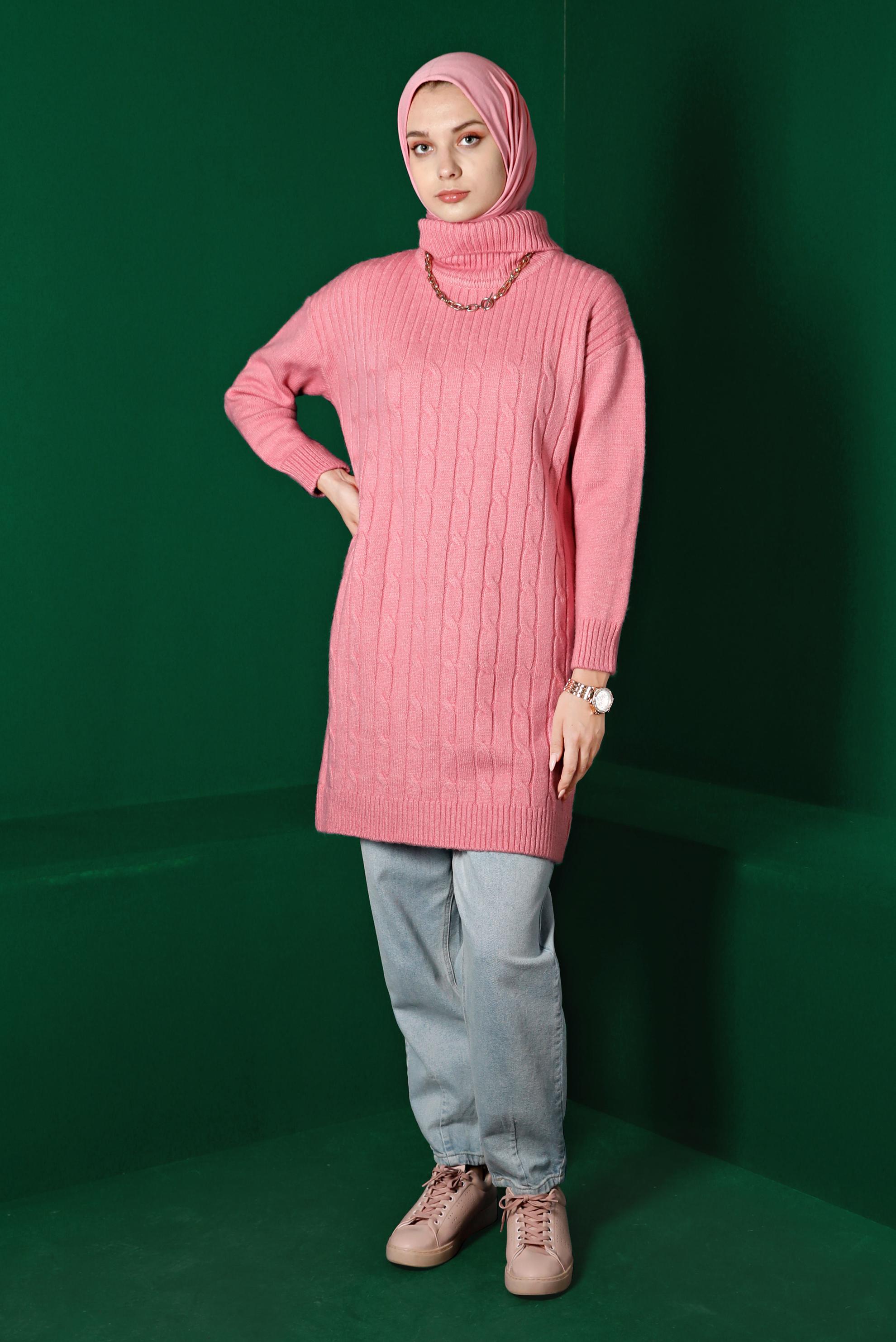 Tesettür giyim PUDRA ÖRGÜ DESENLİ BOĞAZLI TRİKO TUNİK 43185