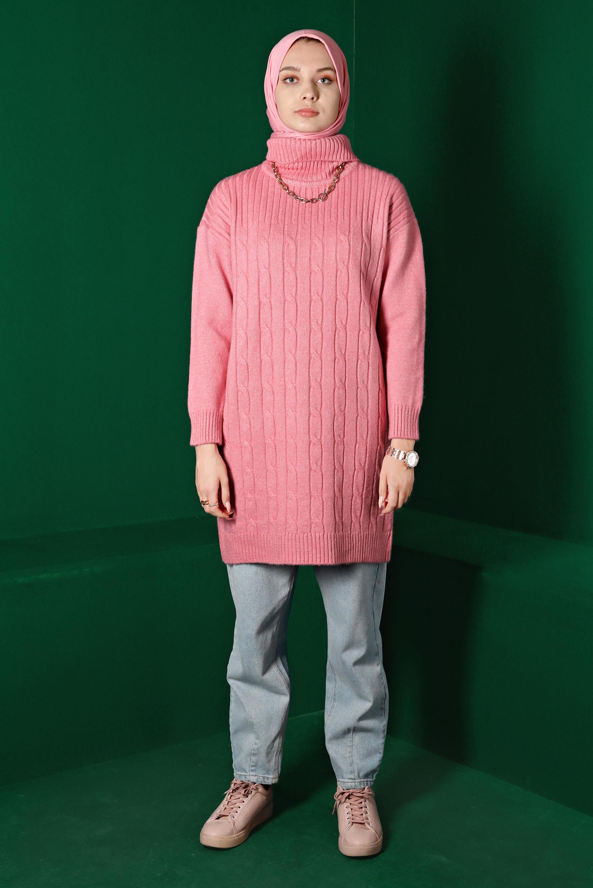 Tesettür giyim PUDRA ÖRGÜ DESENLİ BOĞAZLI TRİKO TUNİK 43185