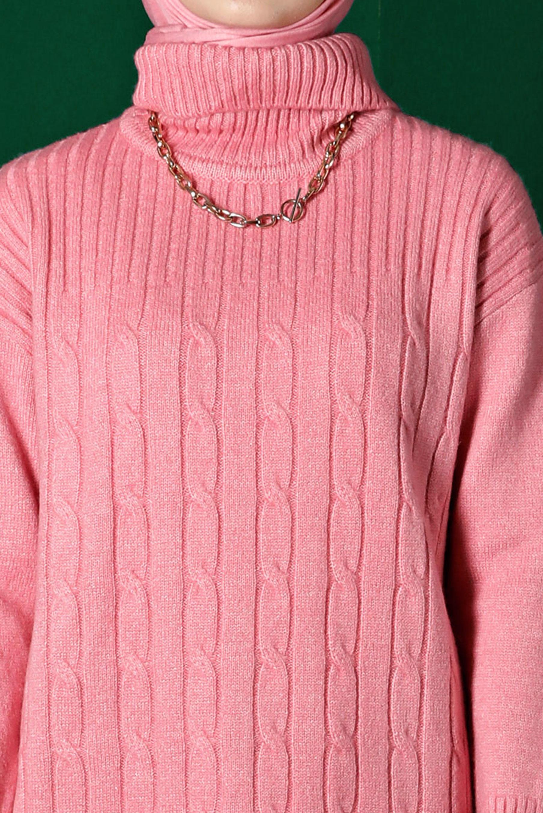 Tesettür giyim PUDRA ÖRGÜ DESENLİ BOĞAZLI TRİKO TUNİK 43185