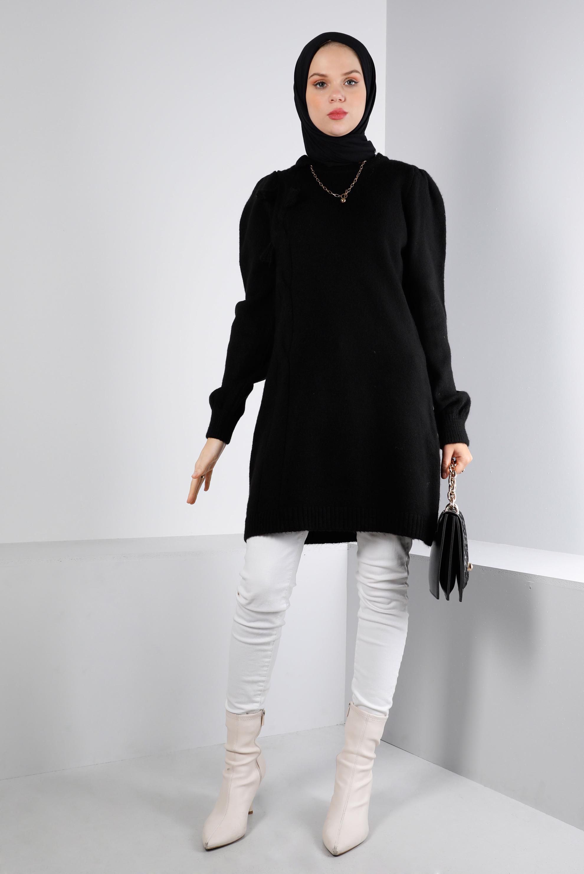 Tesettür giyim SİYAH ÖRGÜ DESENLİ TRİKO TUNİK 43186 