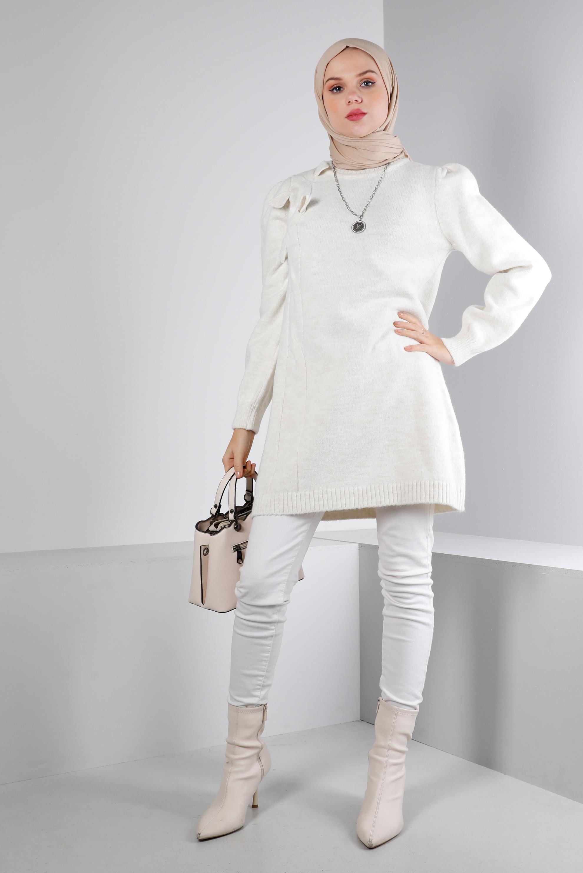 Tesettür giyim BEYAZ ÖRGÜ DESENLİ TRİKO TUNİK 43186 