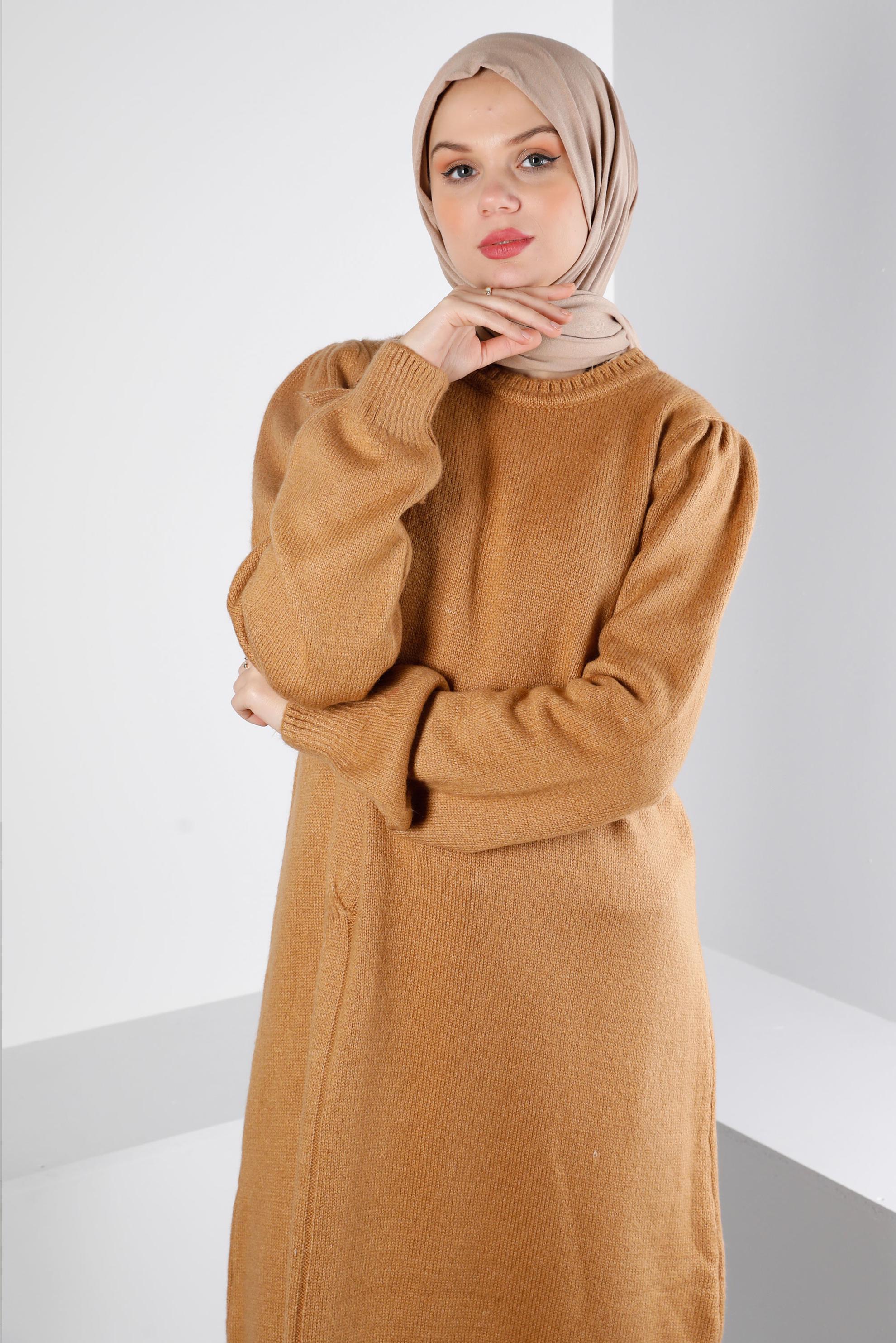 Tesettür giyim KAHVE ÖRGÜ DESENLİ TRİKO TUNİK 43186 