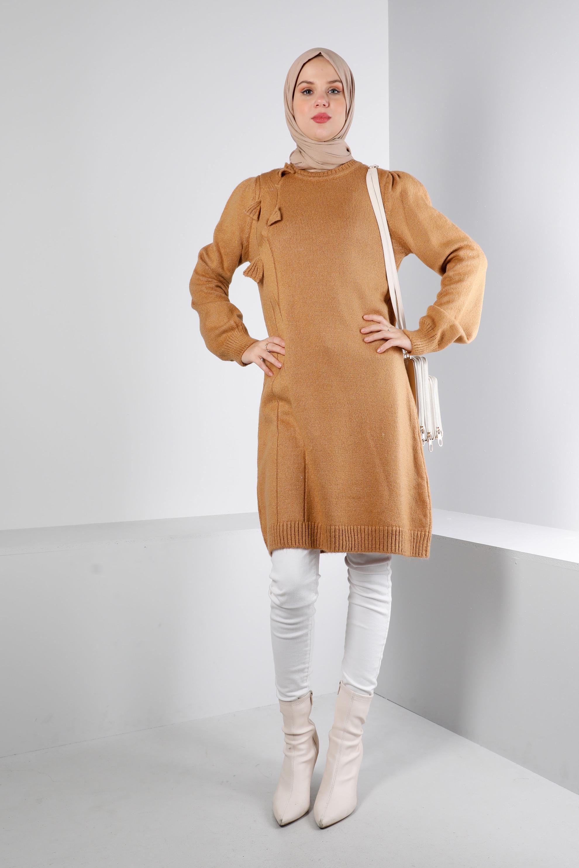 Tesettür giyim KAHVE ÖRGÜ DESENLİ TRİKO TUNİK 43186 