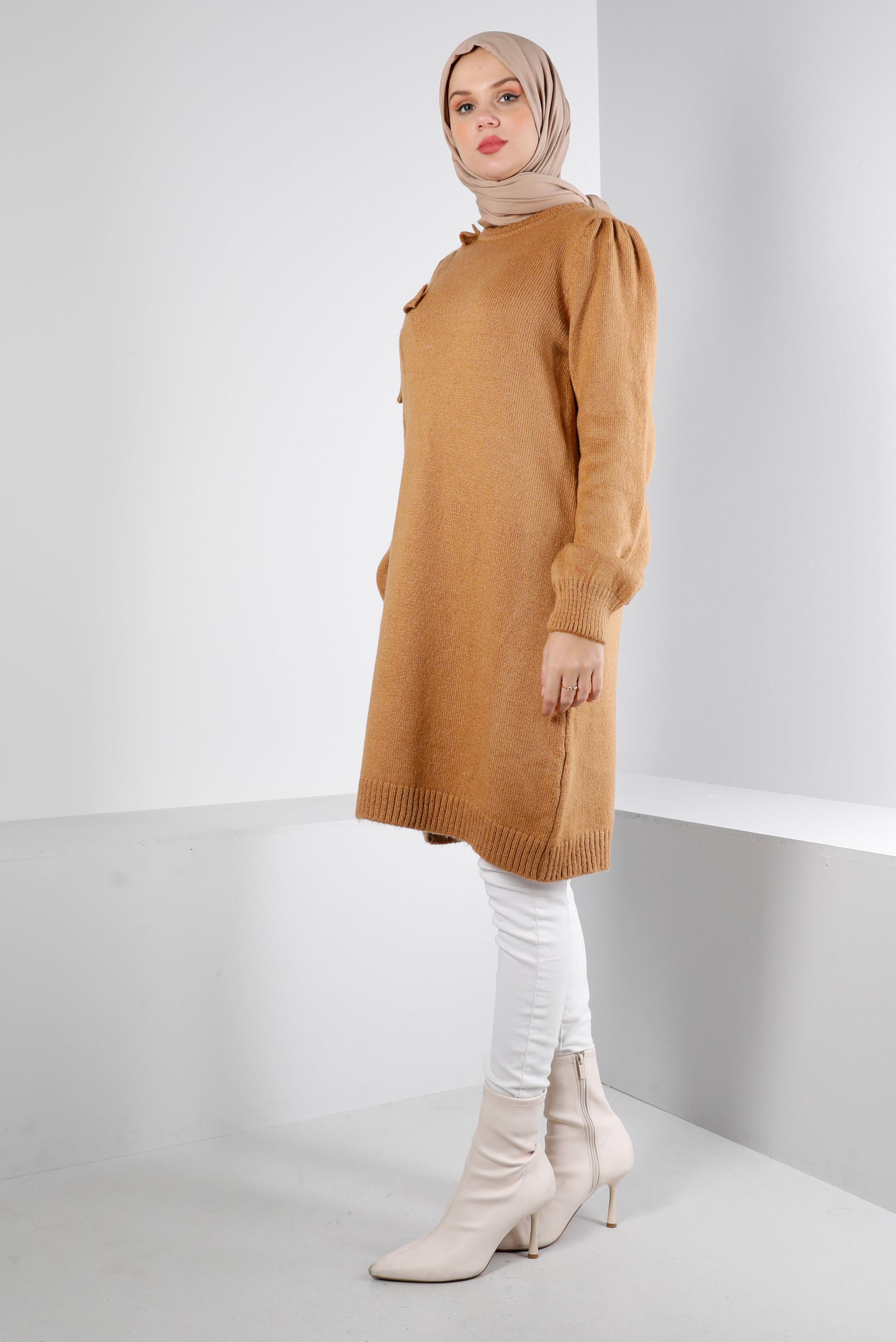 Tesettür giyim KAHVE ÖRGÜ DESENLİ TRİKO TUNİK 43186 