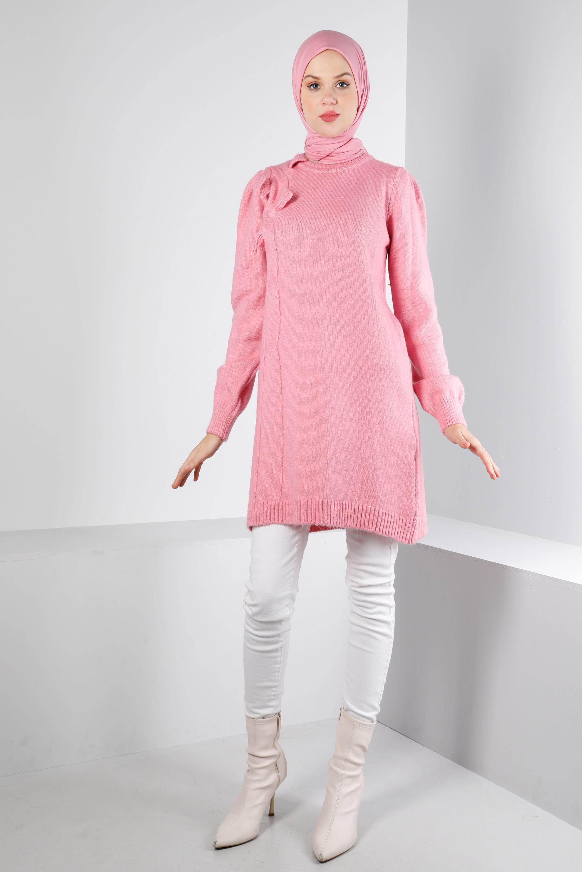 Tesettür giyim PUDRA ÖRGÜ DESENLİ TRİKO TUNİK 43186 